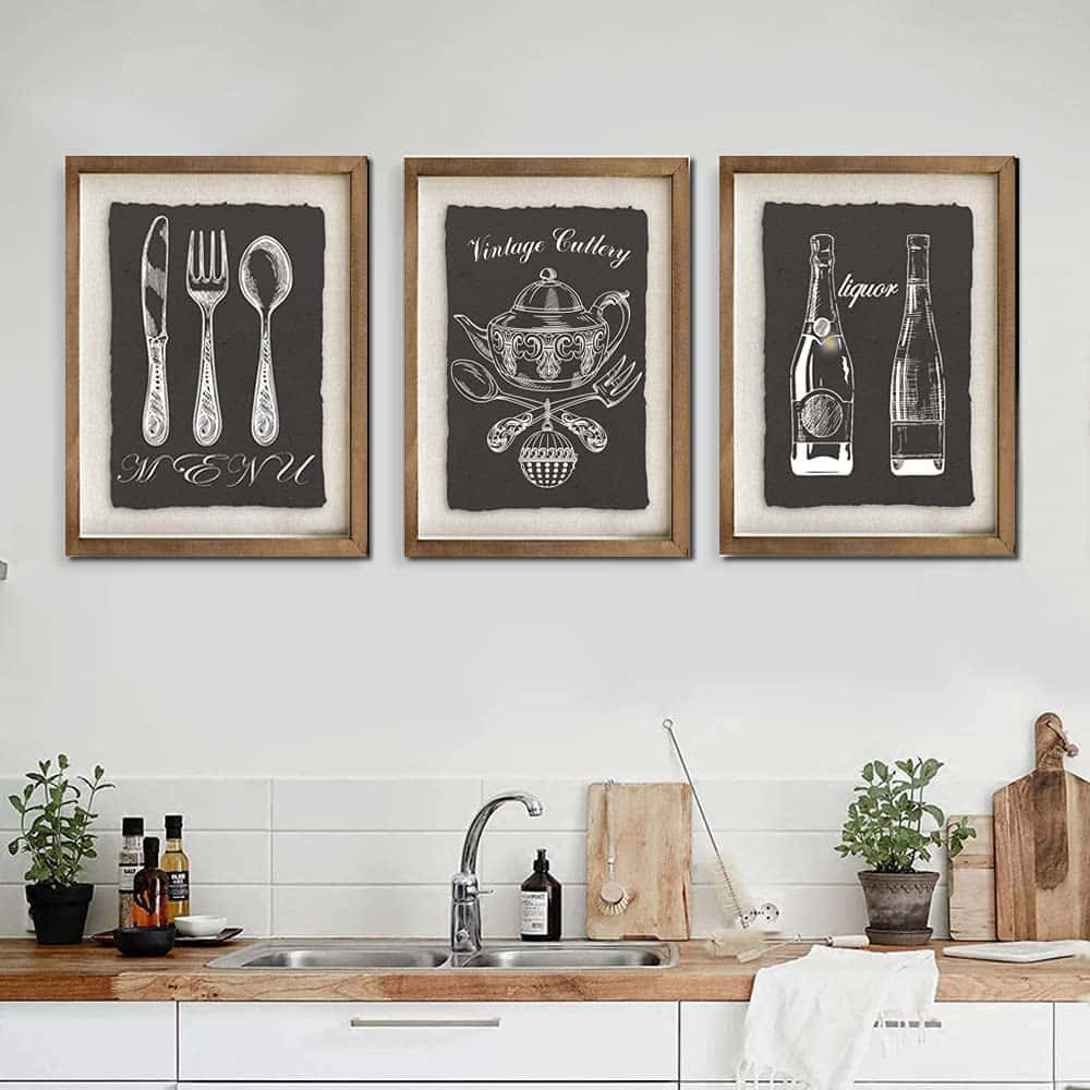 Three Chalkboard Prints Hanging Above A Kitchen Sink