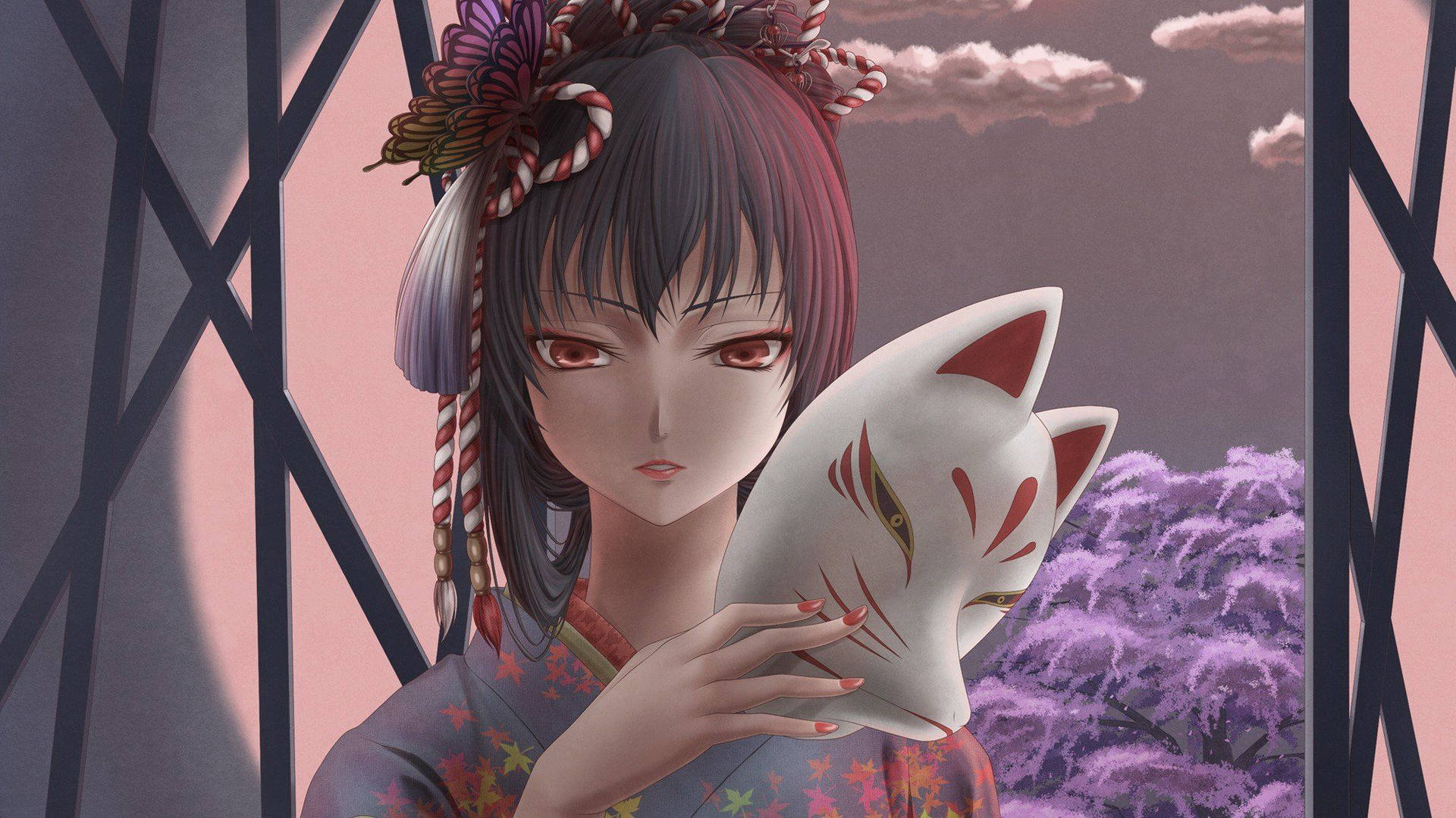 Anime Girl Taking Her Kitsune Mask Off Wallpaper