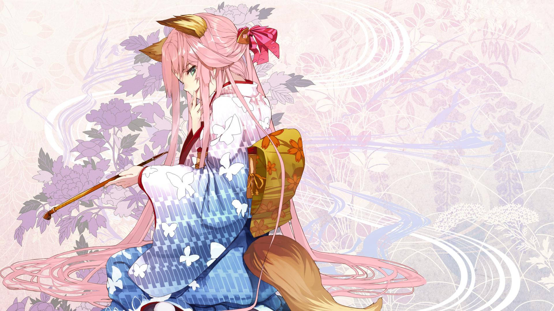 Enflicka I Kimono Och En Katana Wallpaper