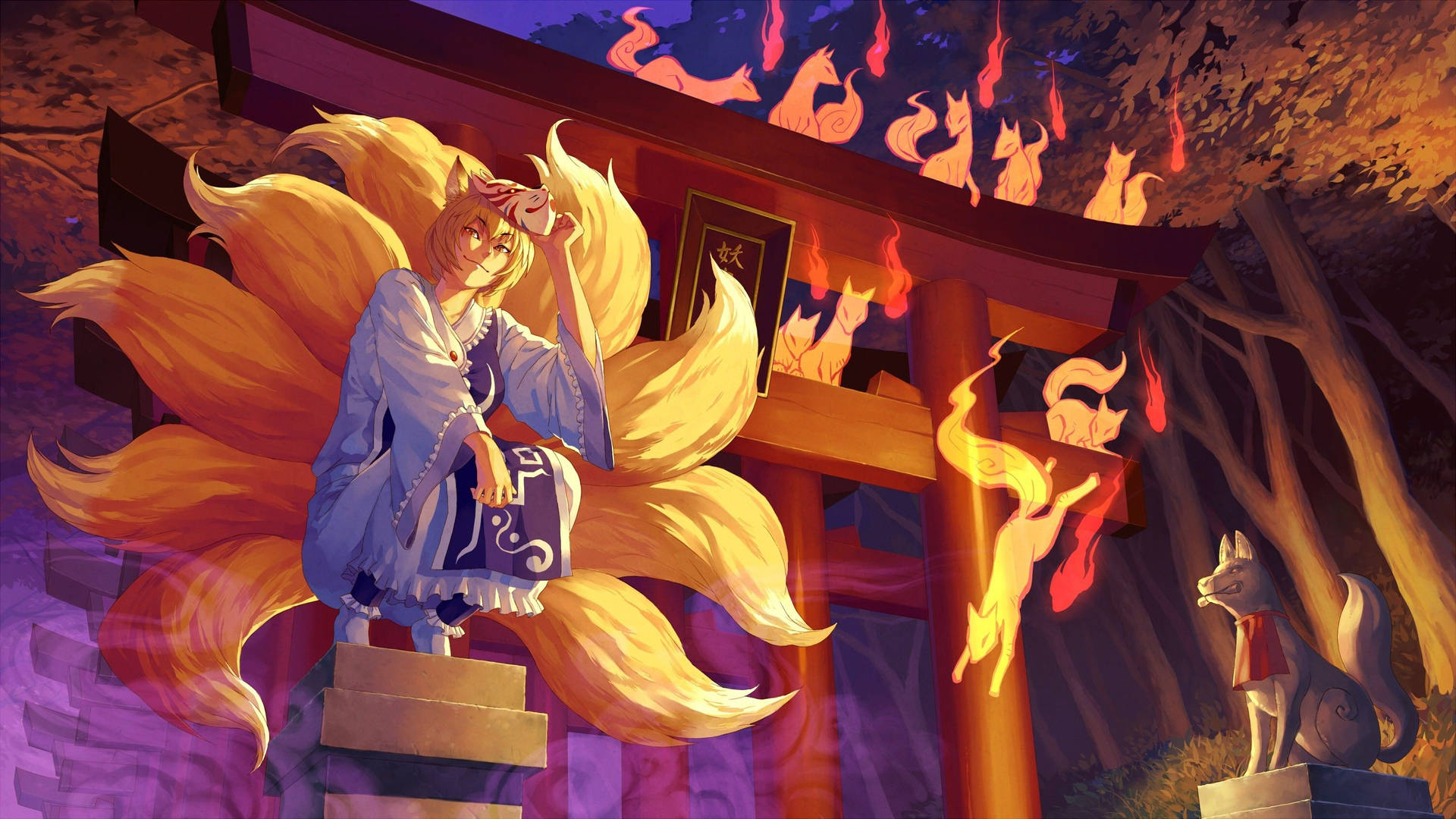 Et barn ser en Kitsune, en mytiske ræv spiritus komme til liv. Wallpaper