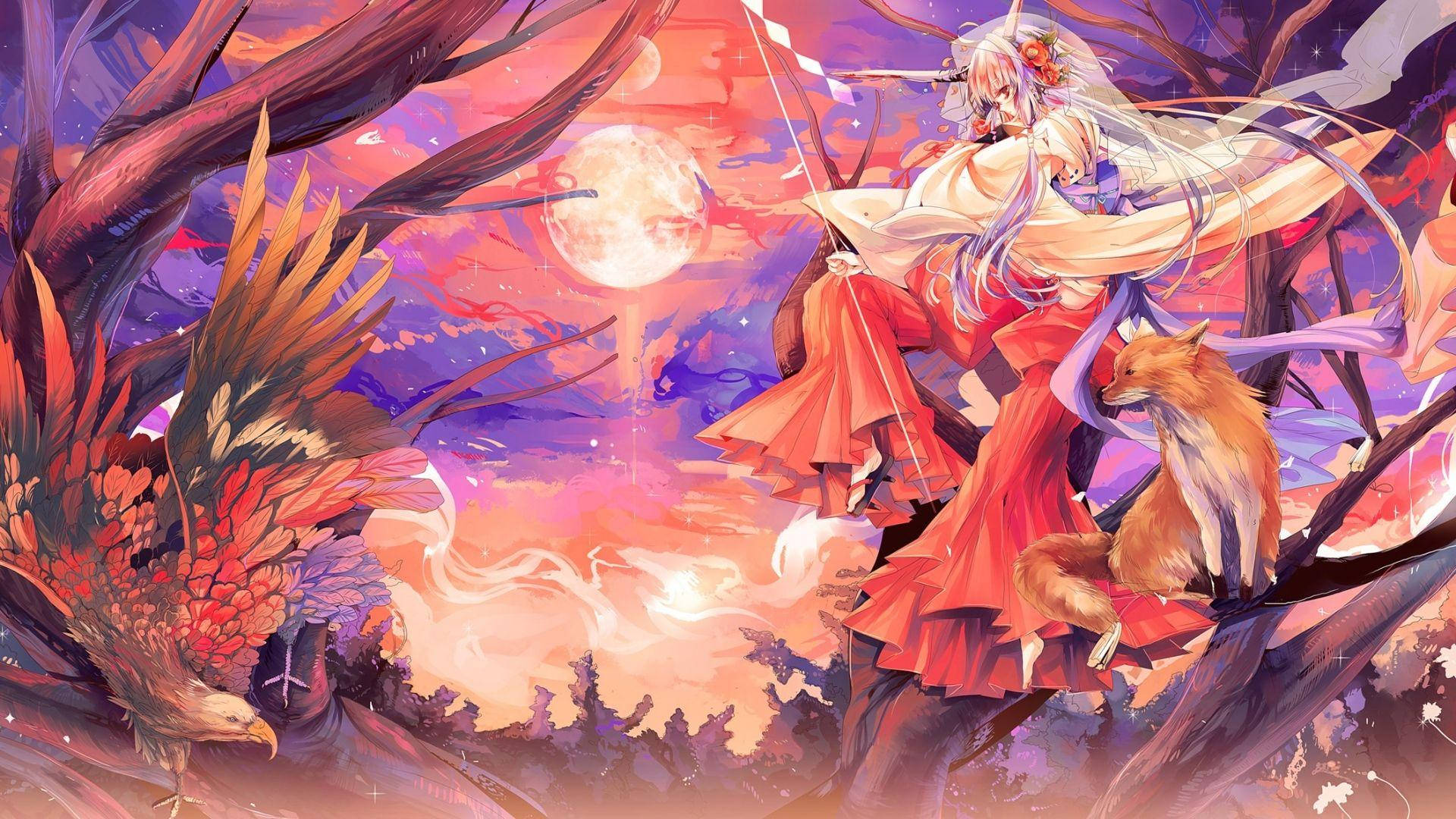 Anime Kitsune Hitting An Eagle Wallpaper