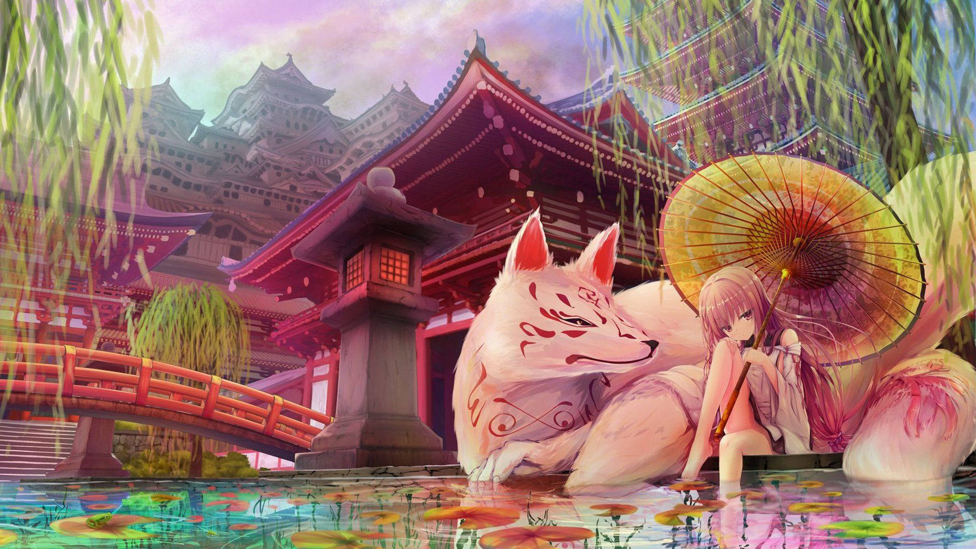 Einmädchen Mit Einer Katze Und Einem Sonnenschirm In Einem Teich. Wallpaper