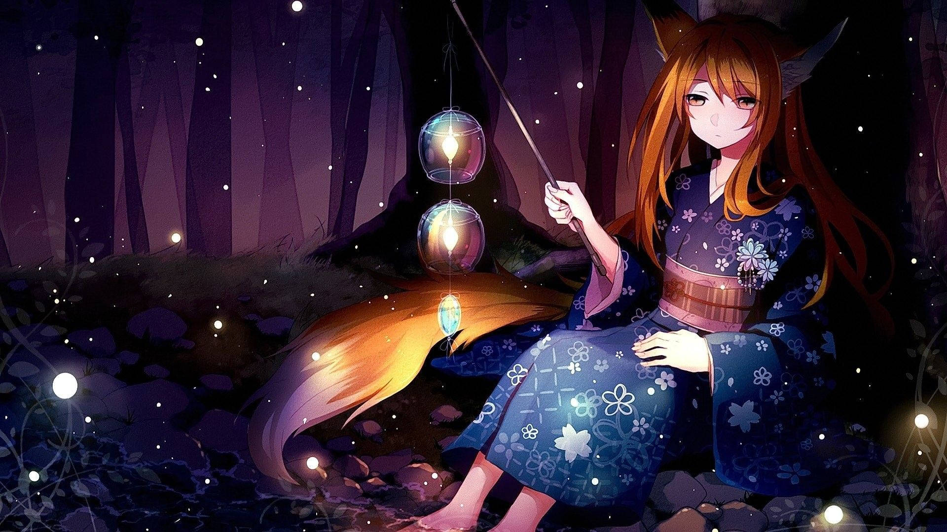 A Girl In A Long Dress Sitting In The Woods With Lanterns Wallpaper