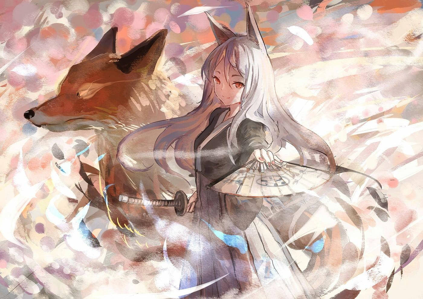 Kitsune And A Fox Water Color Art Wallpaper