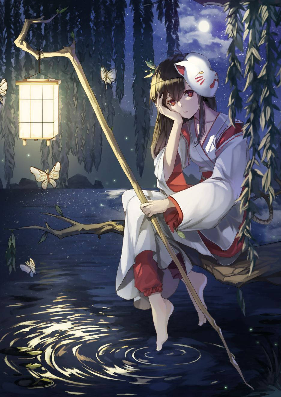 A Girl Anime With A Kitsune Mask Wallpaper