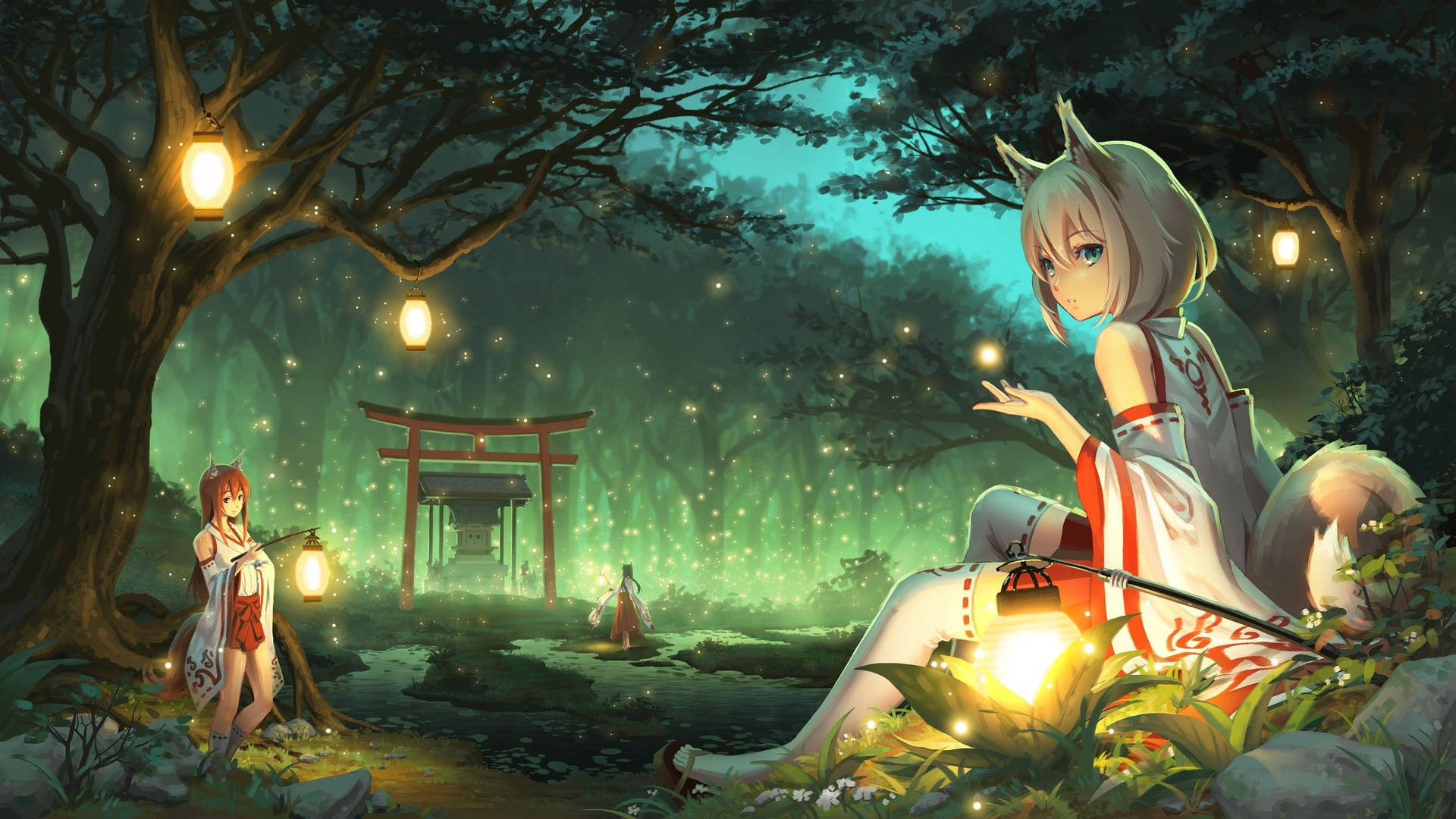 En pige sidder i skoven med lanterner Wallpaper