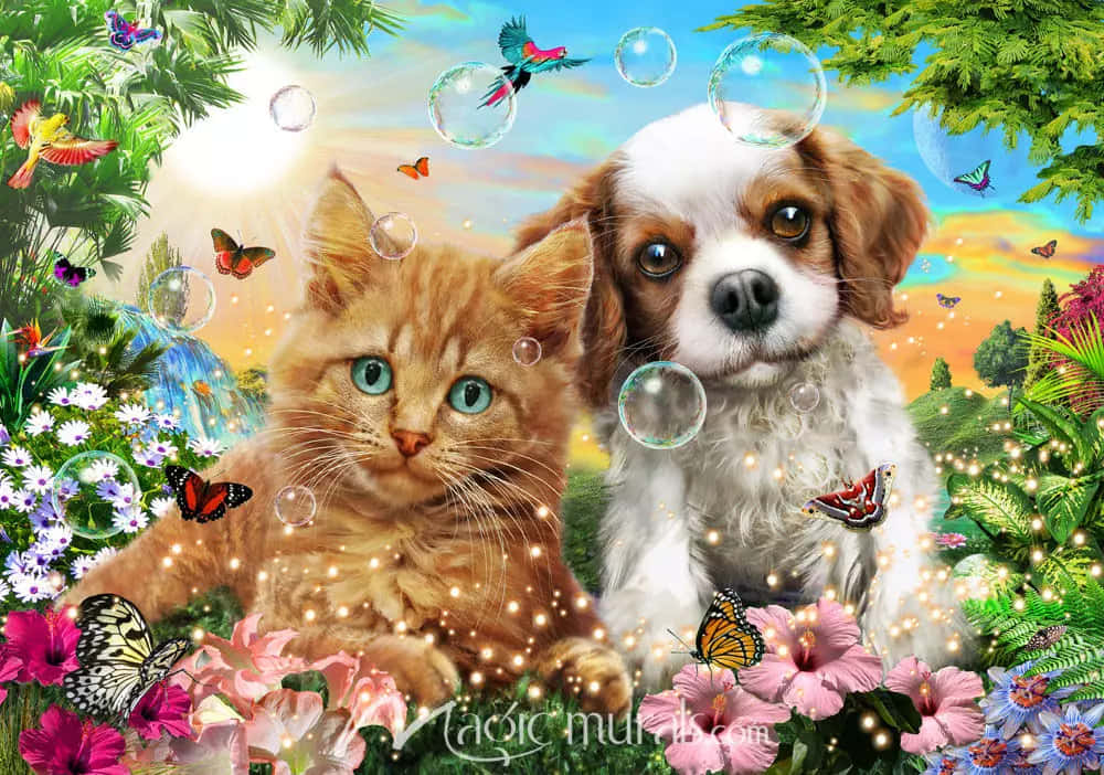 A Painting Of A Cat And A Dog In A Garden Wallpaper