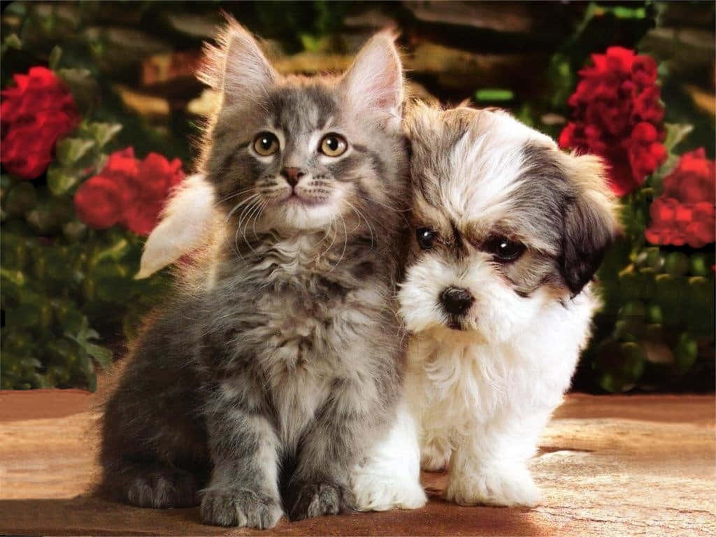 En kat og en hund sidder ved siden af hinanden. Wallpaper