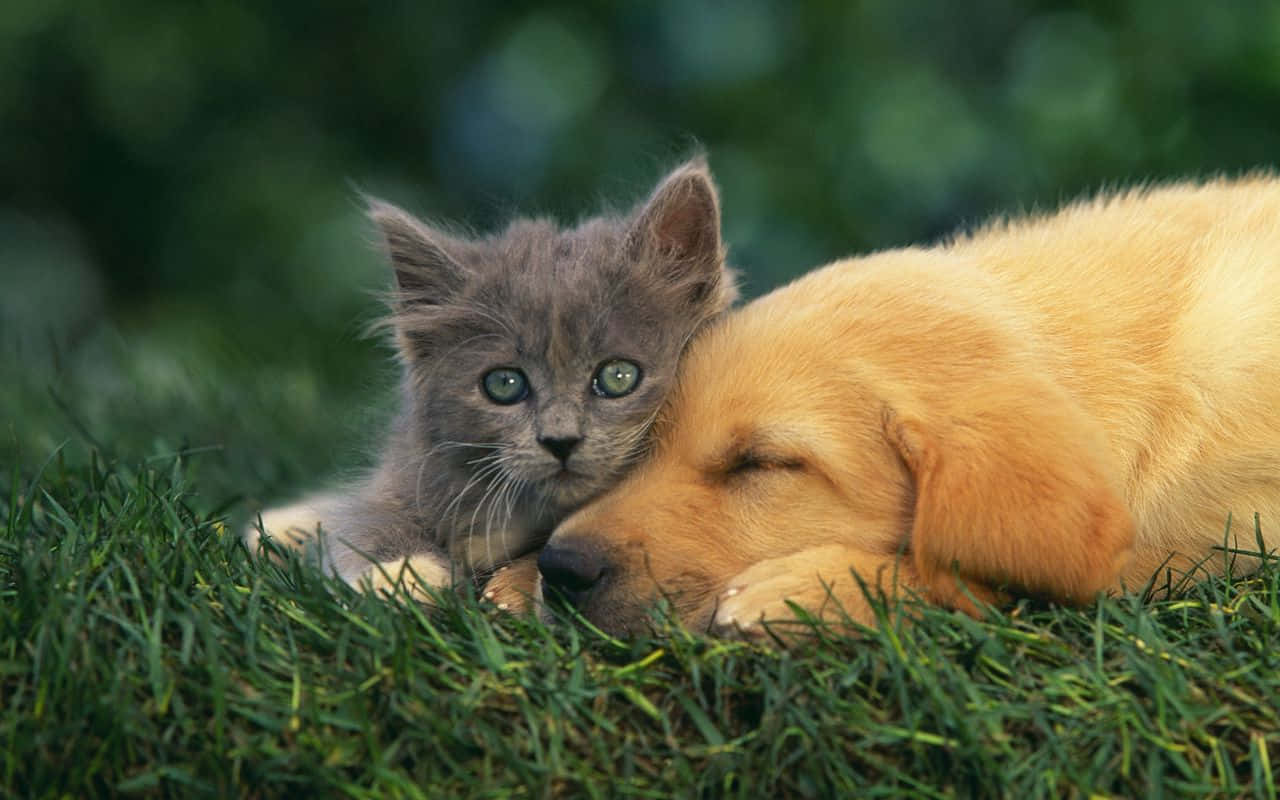 Dosde Las Mascotas Más Lindas De Todos Los Tiempos: Gatito Y Cachorro Fondo de pantalla