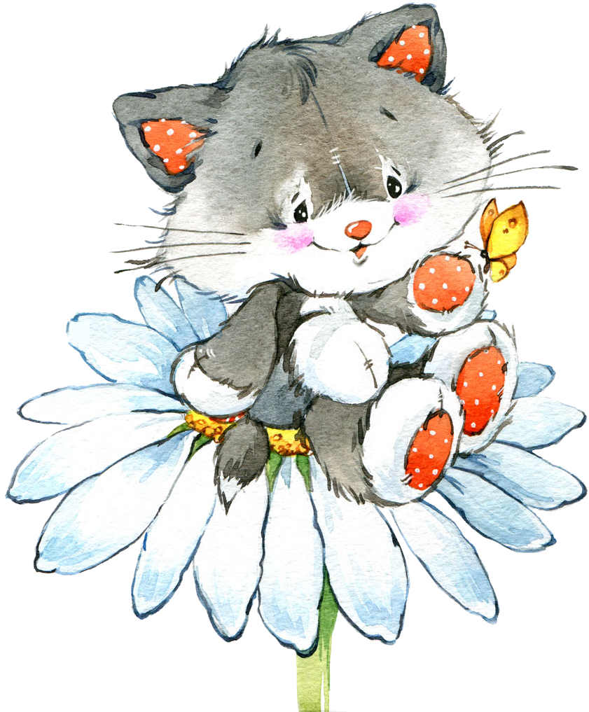Kitten_on_ Daisy_with_ Butterfly.png PNG
