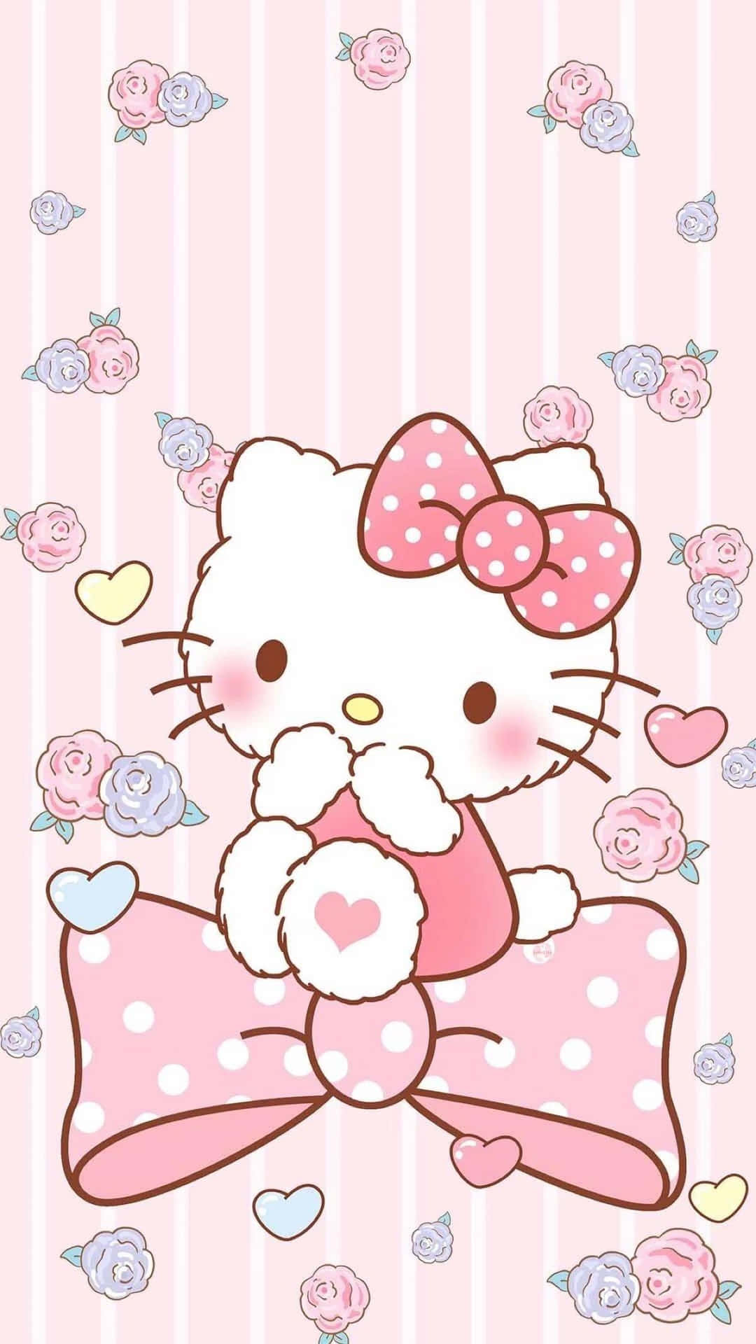 Kitty White Smiling and Waving on a Pastel Pink Background Wallpaper
