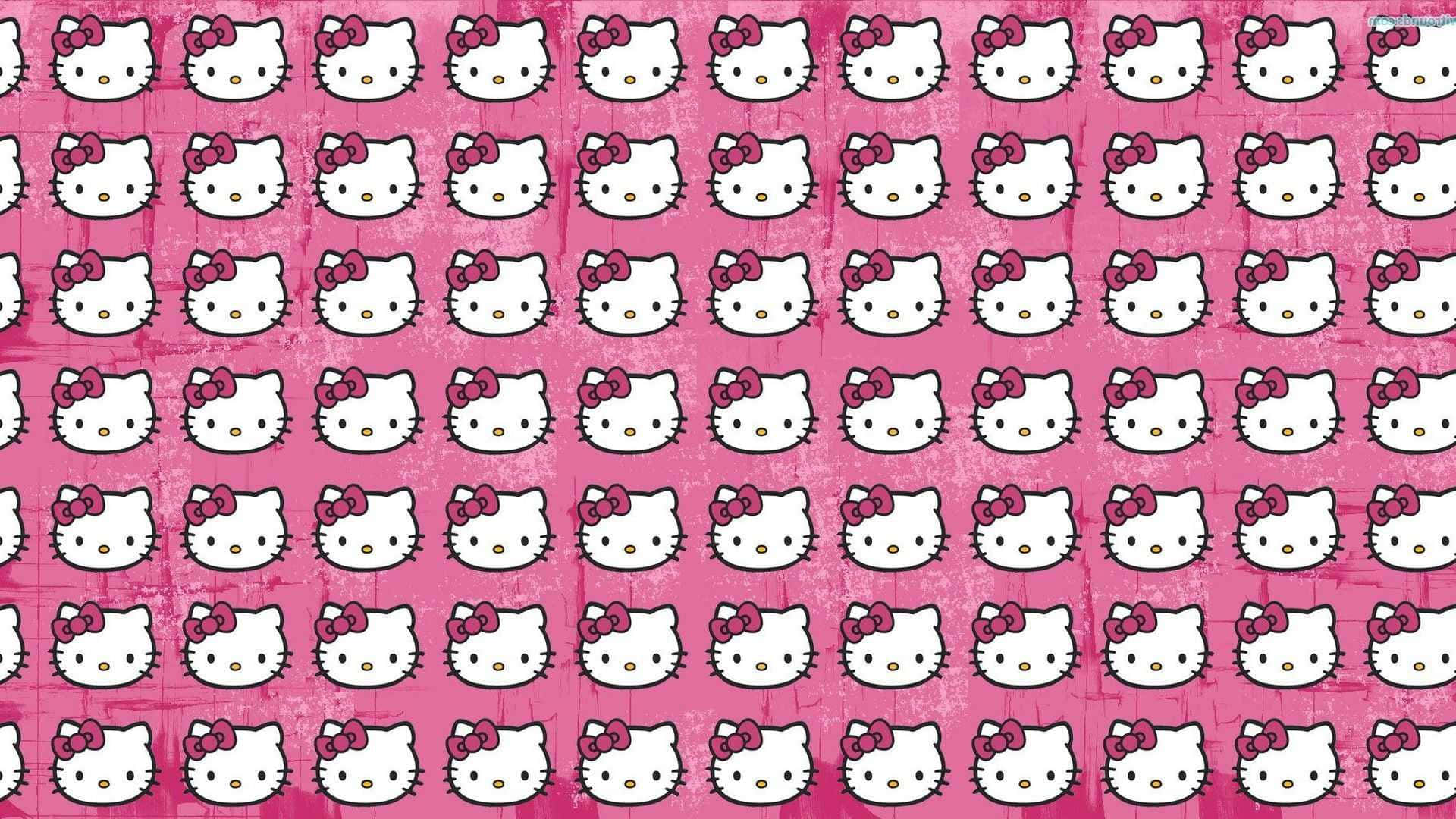 Adorable Kitty White happily waving against a flowing pastel rainbow backdrop Wallpaper