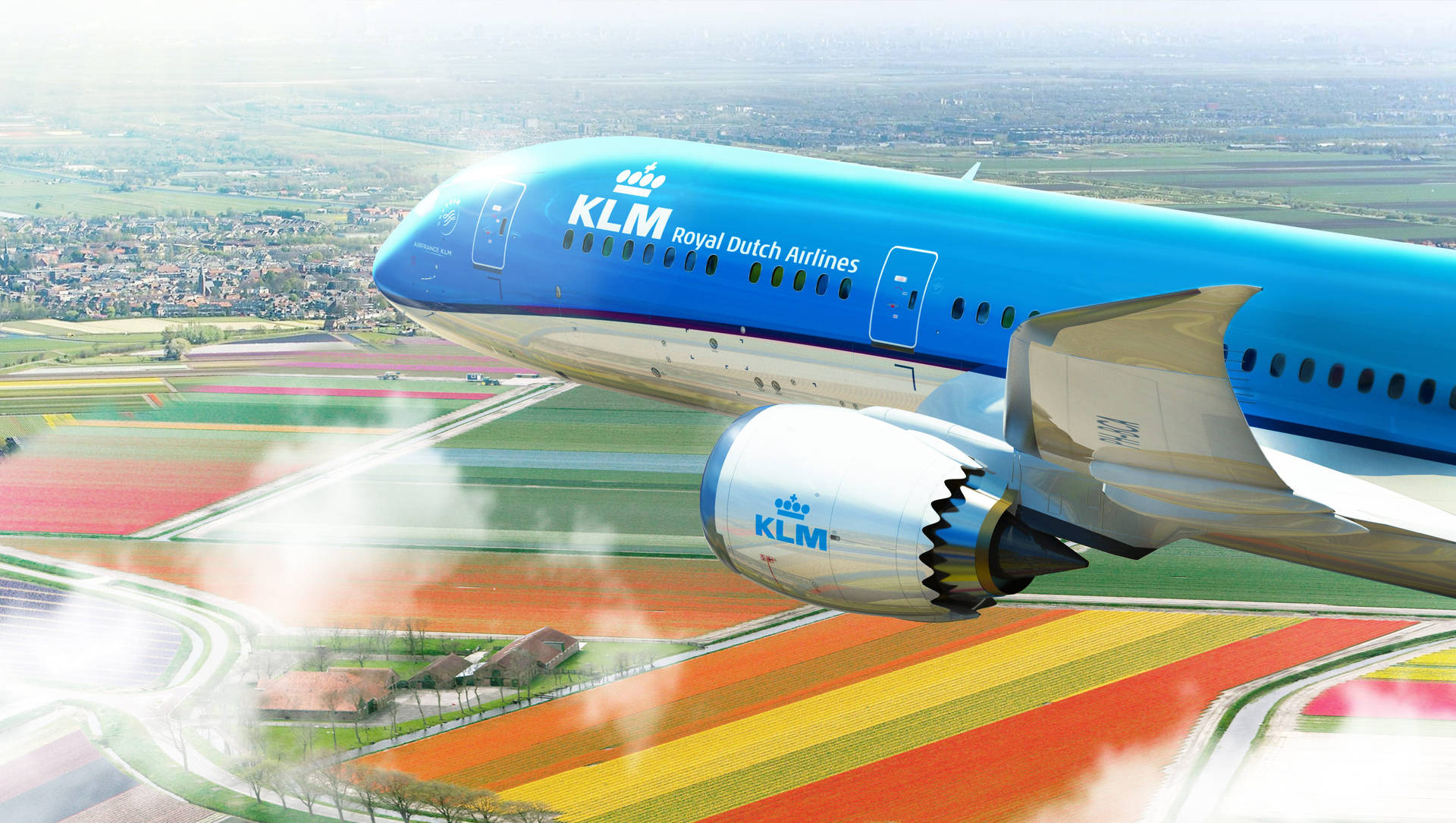 Caption: KLM Airplane Soaring Above a Picturesque Farm Field Wallpaper