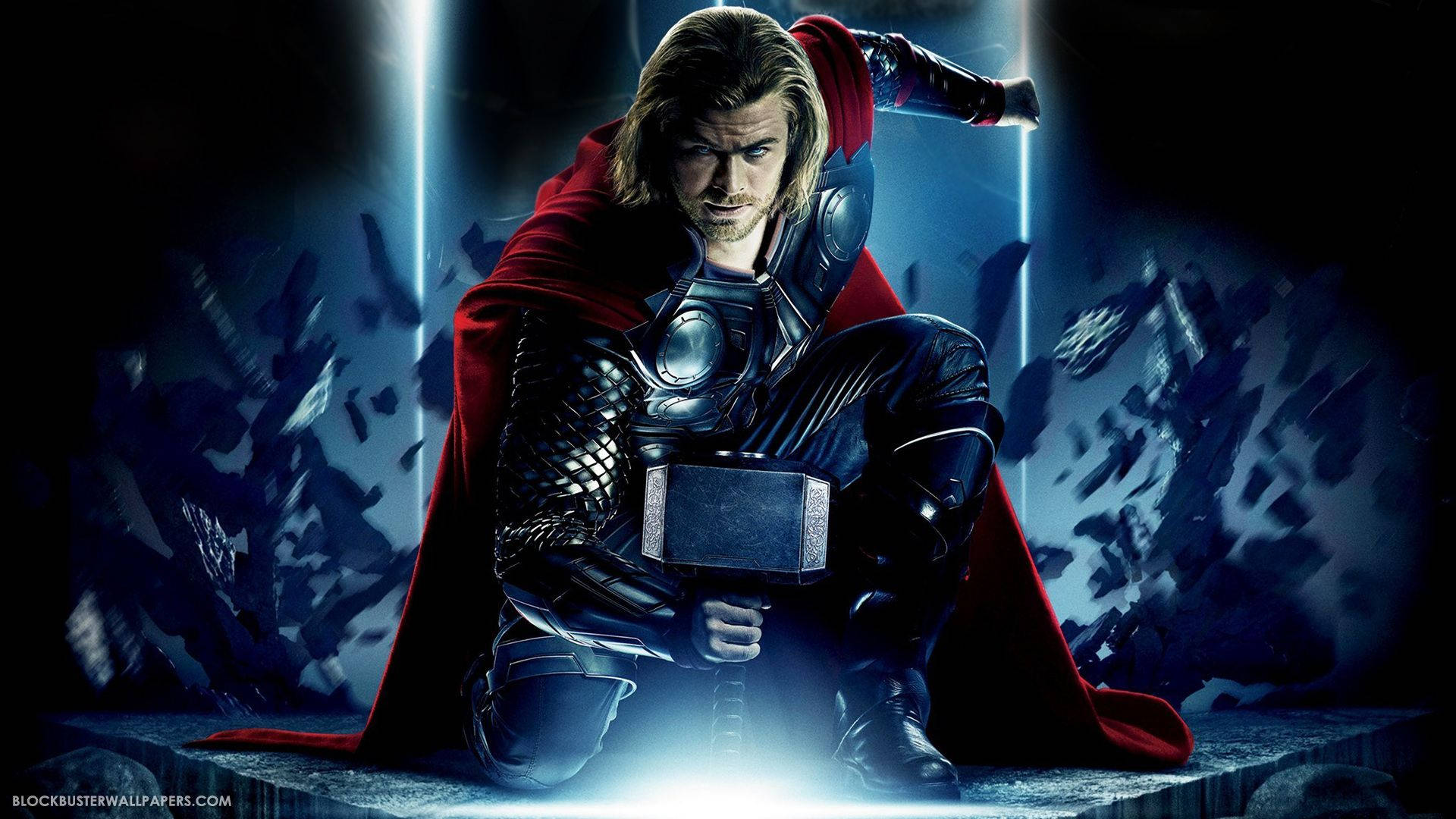Thor kneeling before his mighty hammer Mjölnir Wallpaper