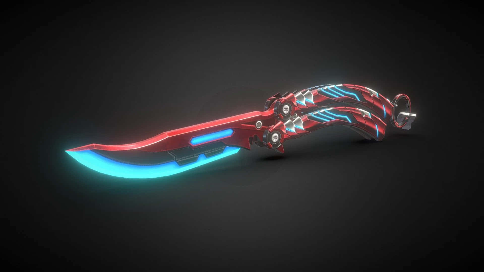 A Red And Blue Knife On A Black Background