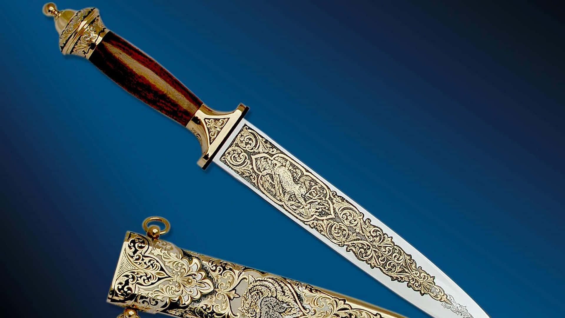A Gold And Silver Knife With A Carved Handle