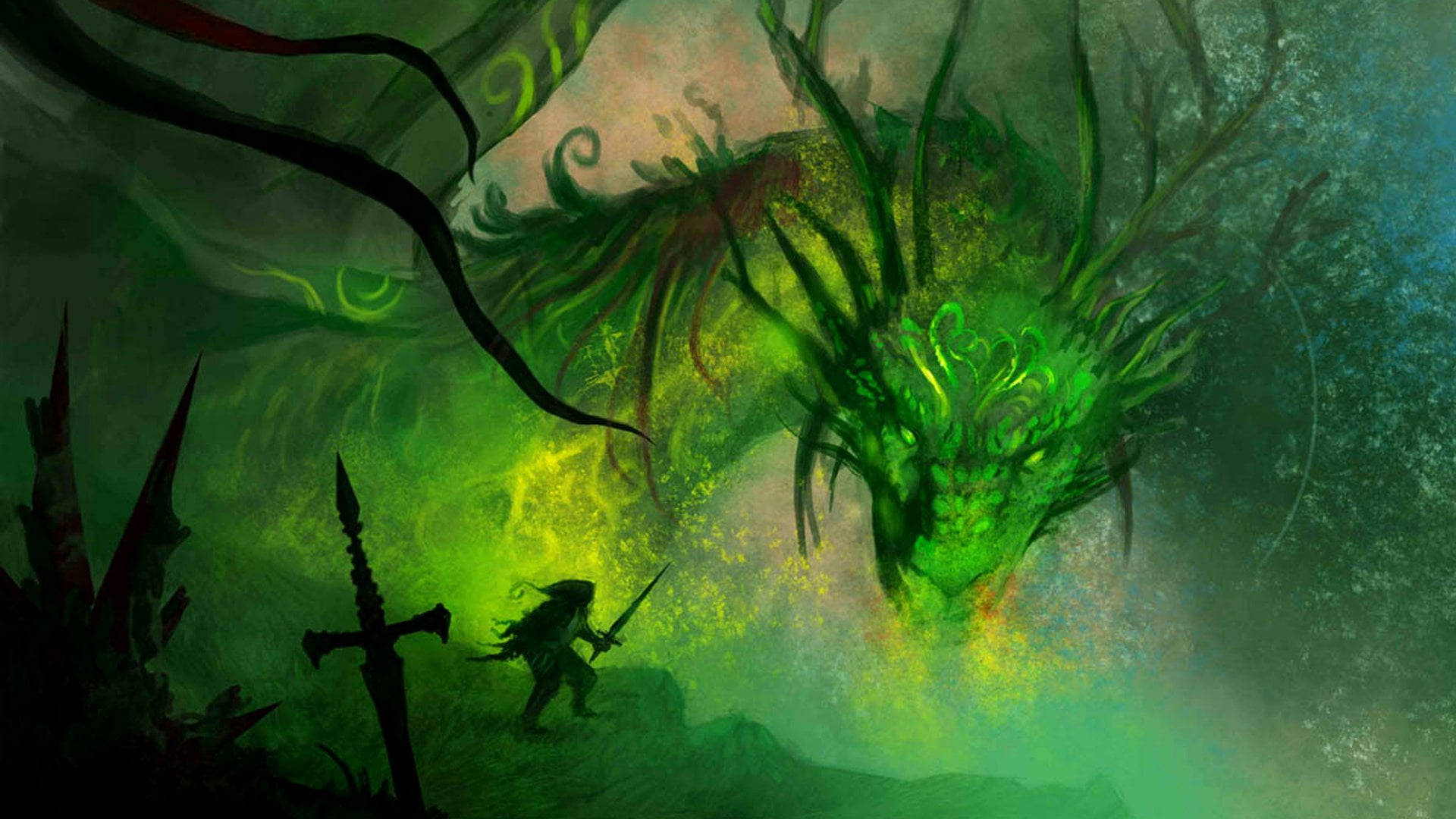 Knight Vs. Green Dragon Wallpaper