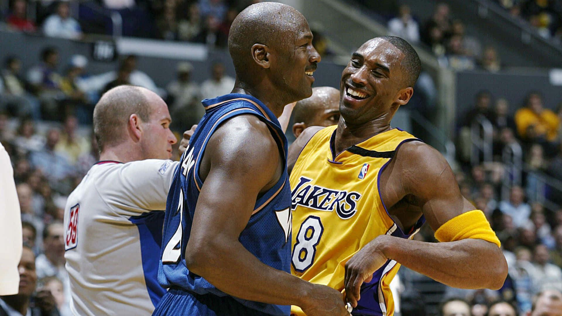 Superstar Athletes Kobe Bryant And Michael Jordan Laughing Photograph Wallpaper