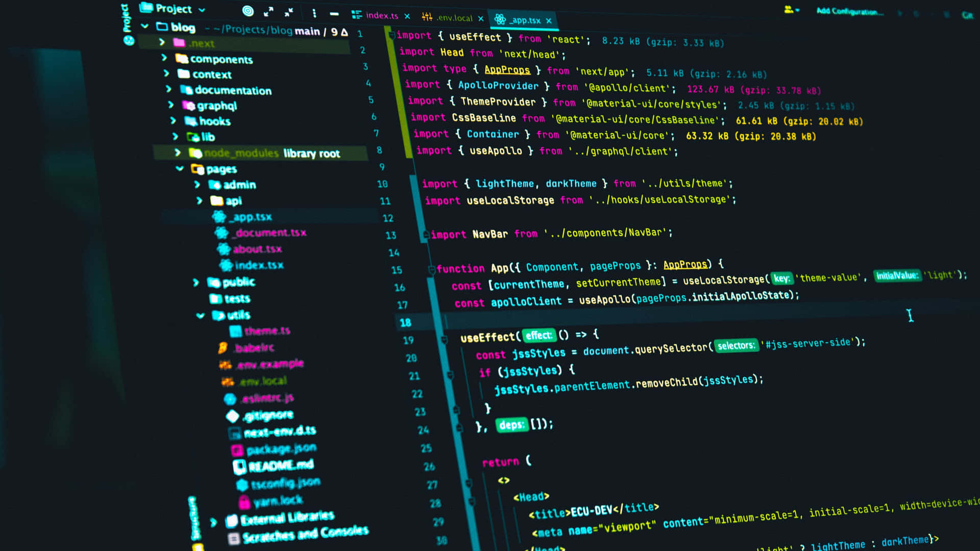Cool JavaScript Code Wallpaper — A dark screen displays vibrant colorful code and project files in a developer's IDE with glowing syntax highlighting.