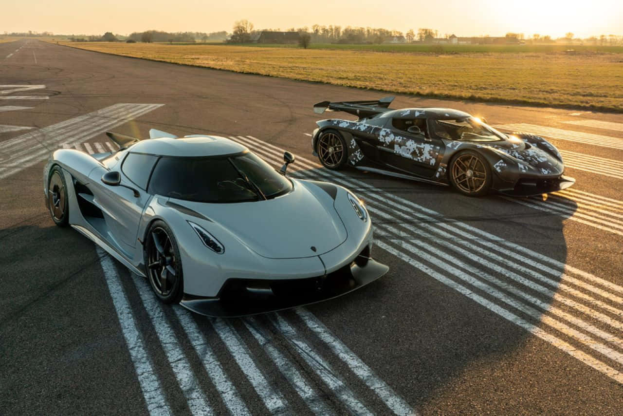 Two White Sports Cars On A Runway Wallpaper