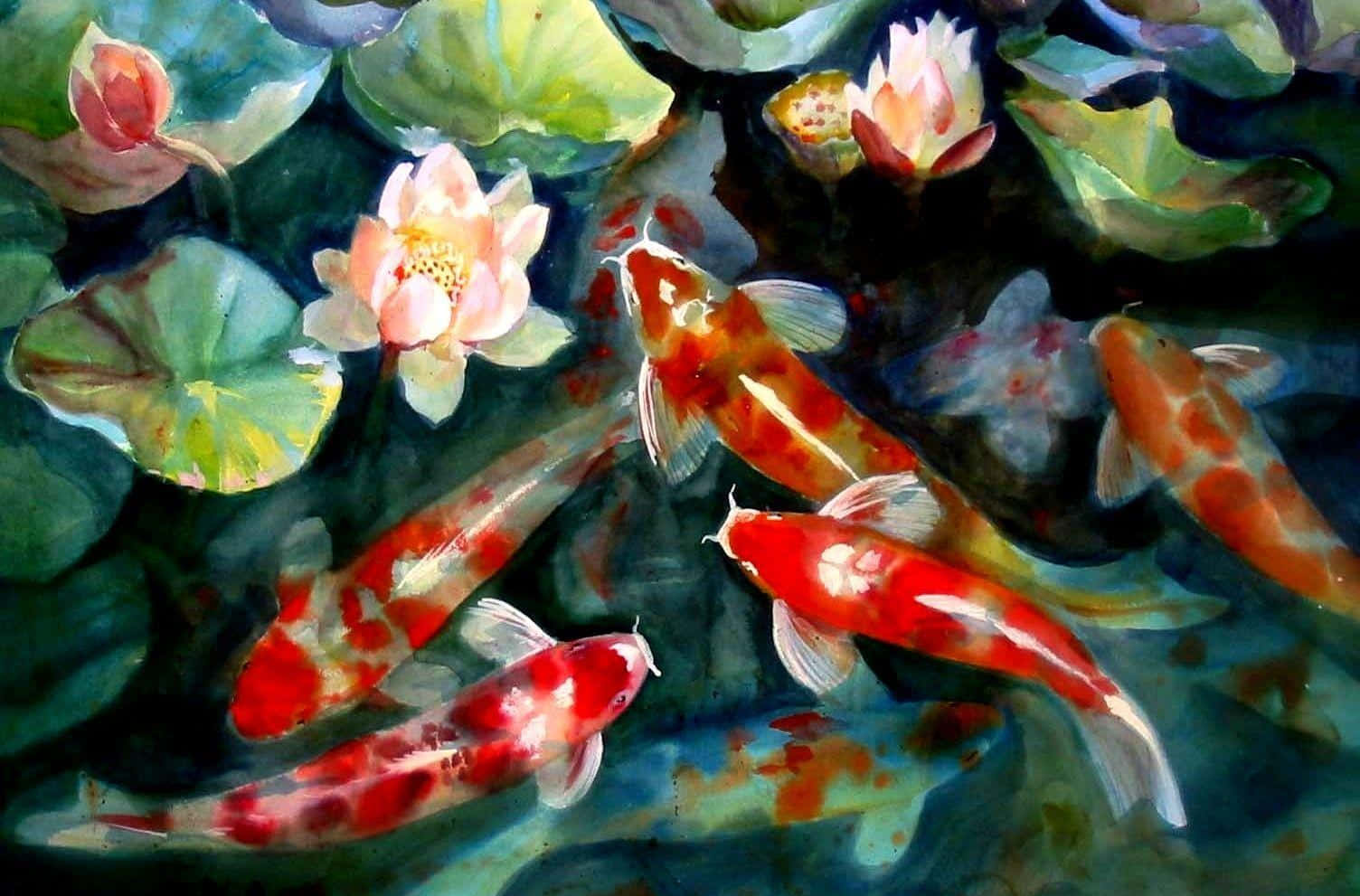 Group of Japanese koi fish swimming in a pond