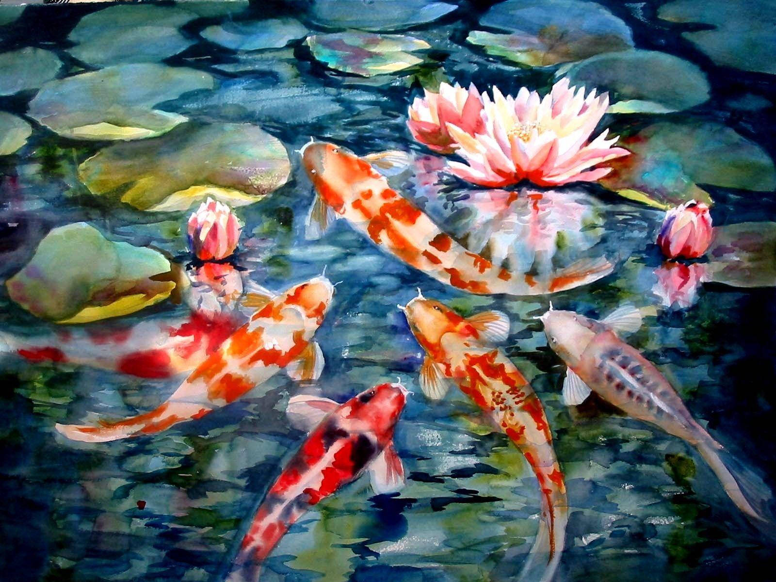 Koi Fish Among Lilies Painting Wallpaper