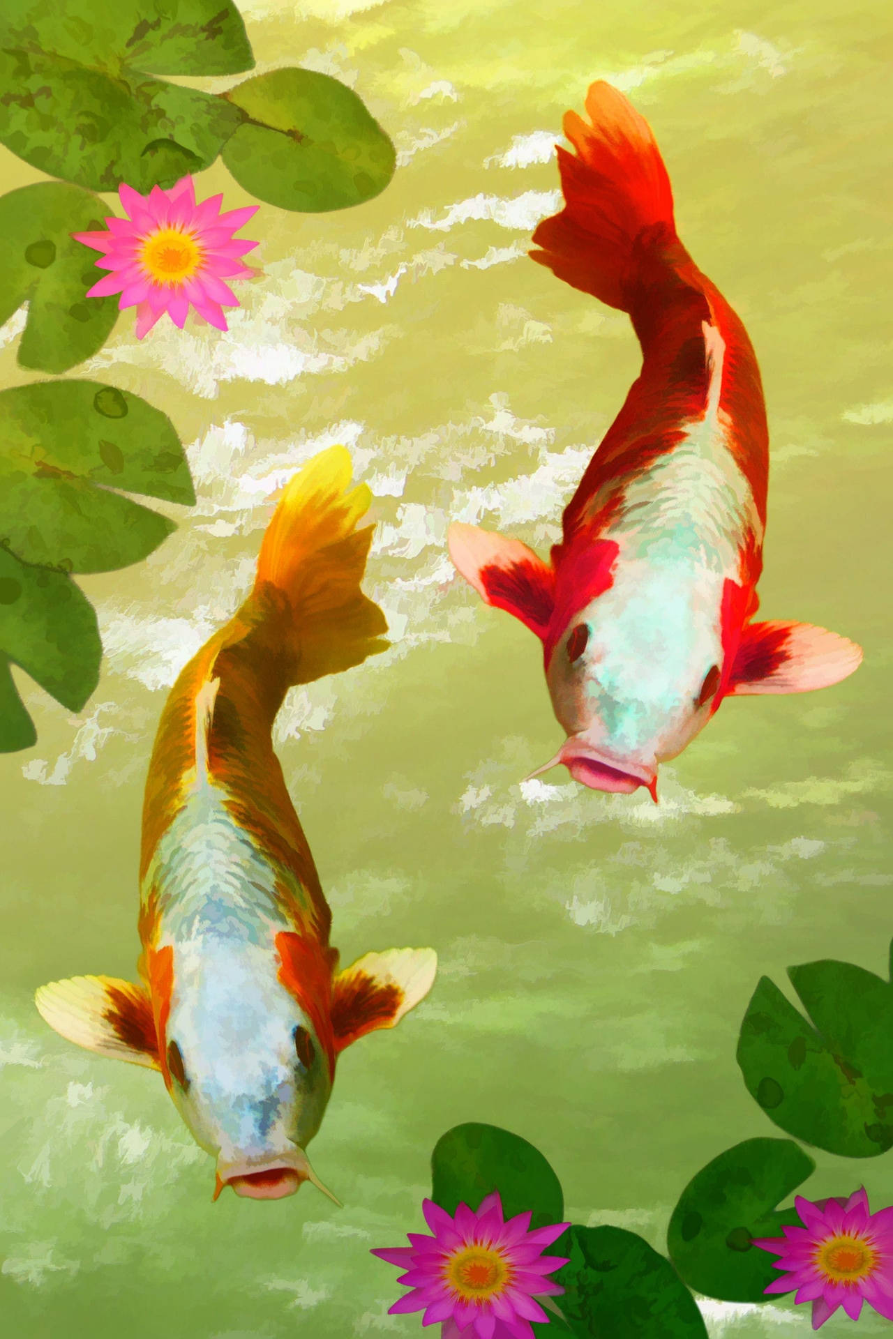 Koi-fiskpar Tapet: To farverige koi-fisk par hopper igennem et abstrakt landskab. Wallpaper