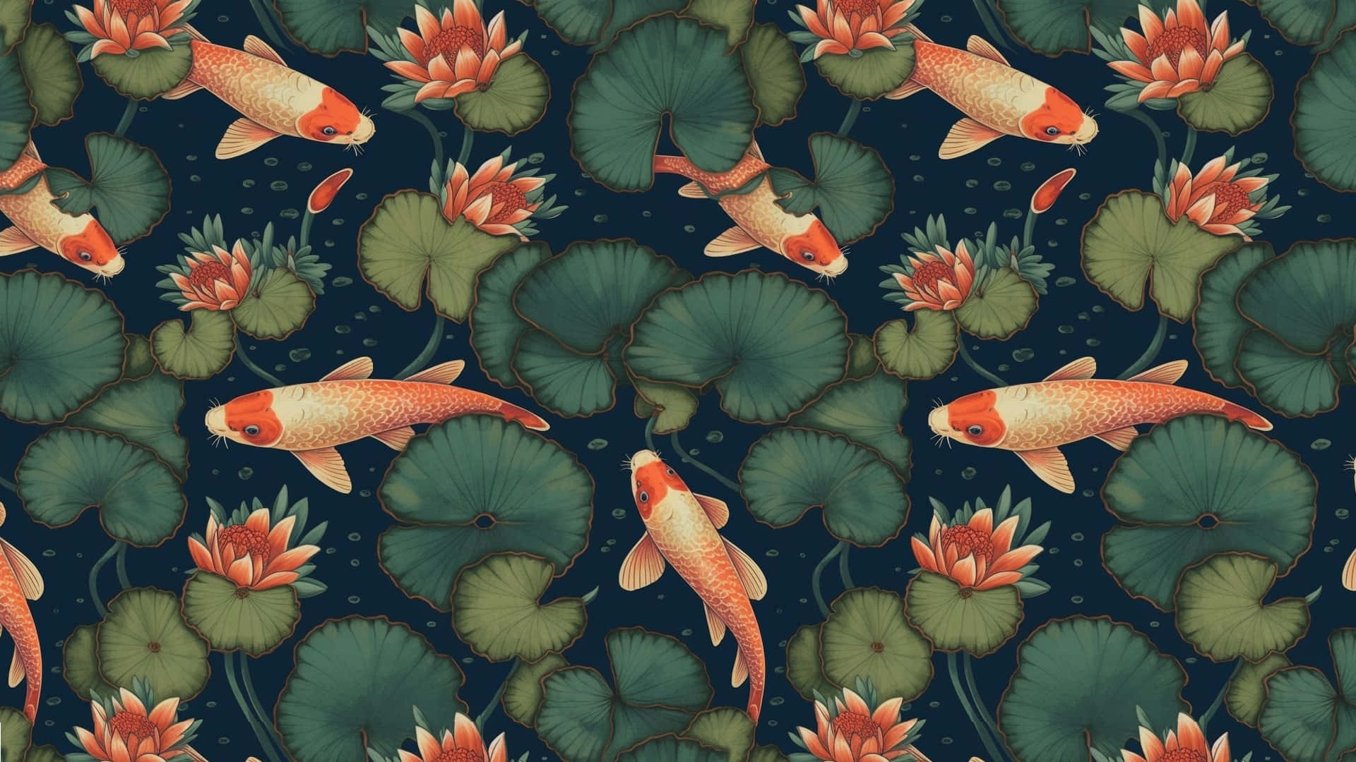 Koi Fishand Lotus Pond Pattern Wallpaper