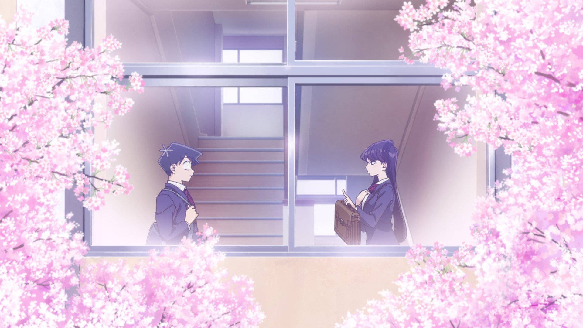 To anime-figurer står foran et vindue med pink blomster Wallpaper