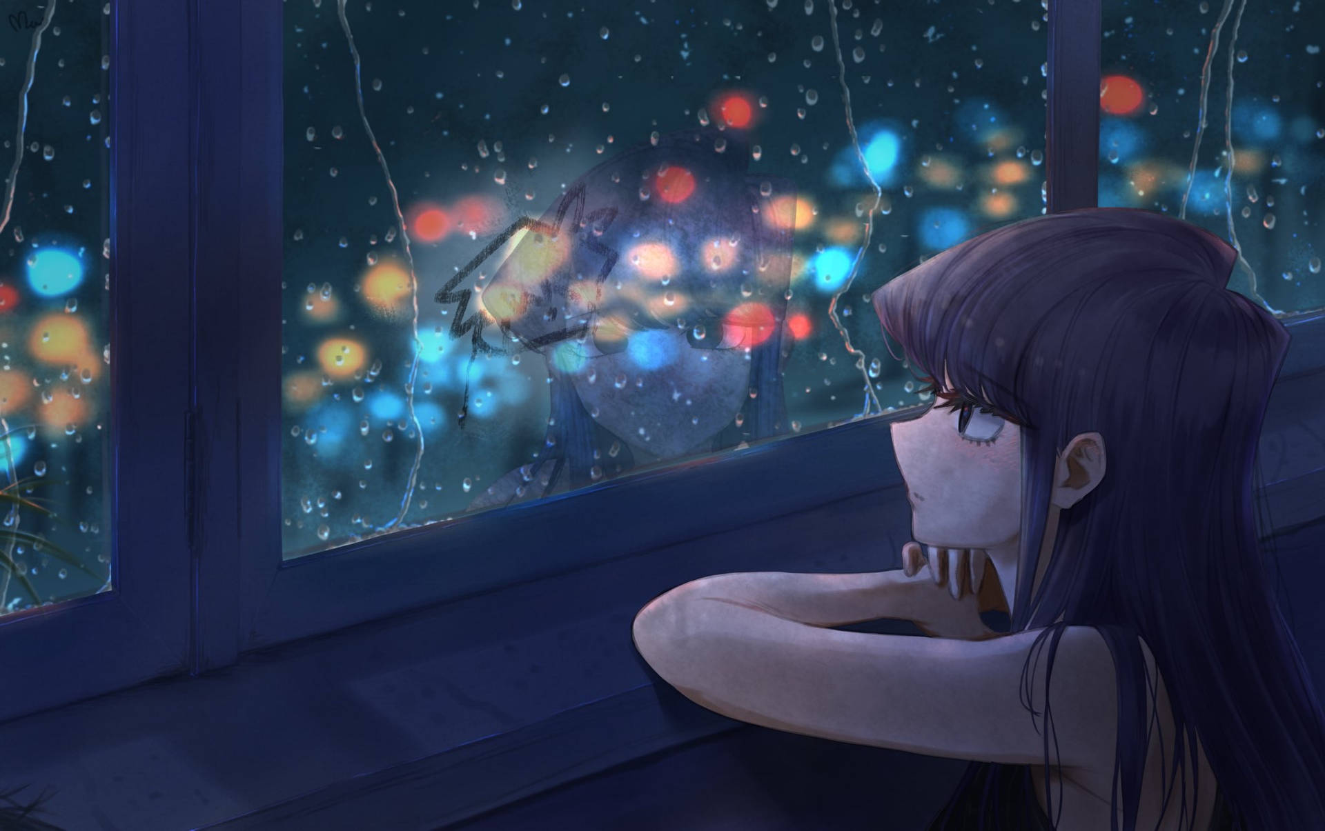 En pige der kigger ud af et vindue mod byens lys Wallpaper