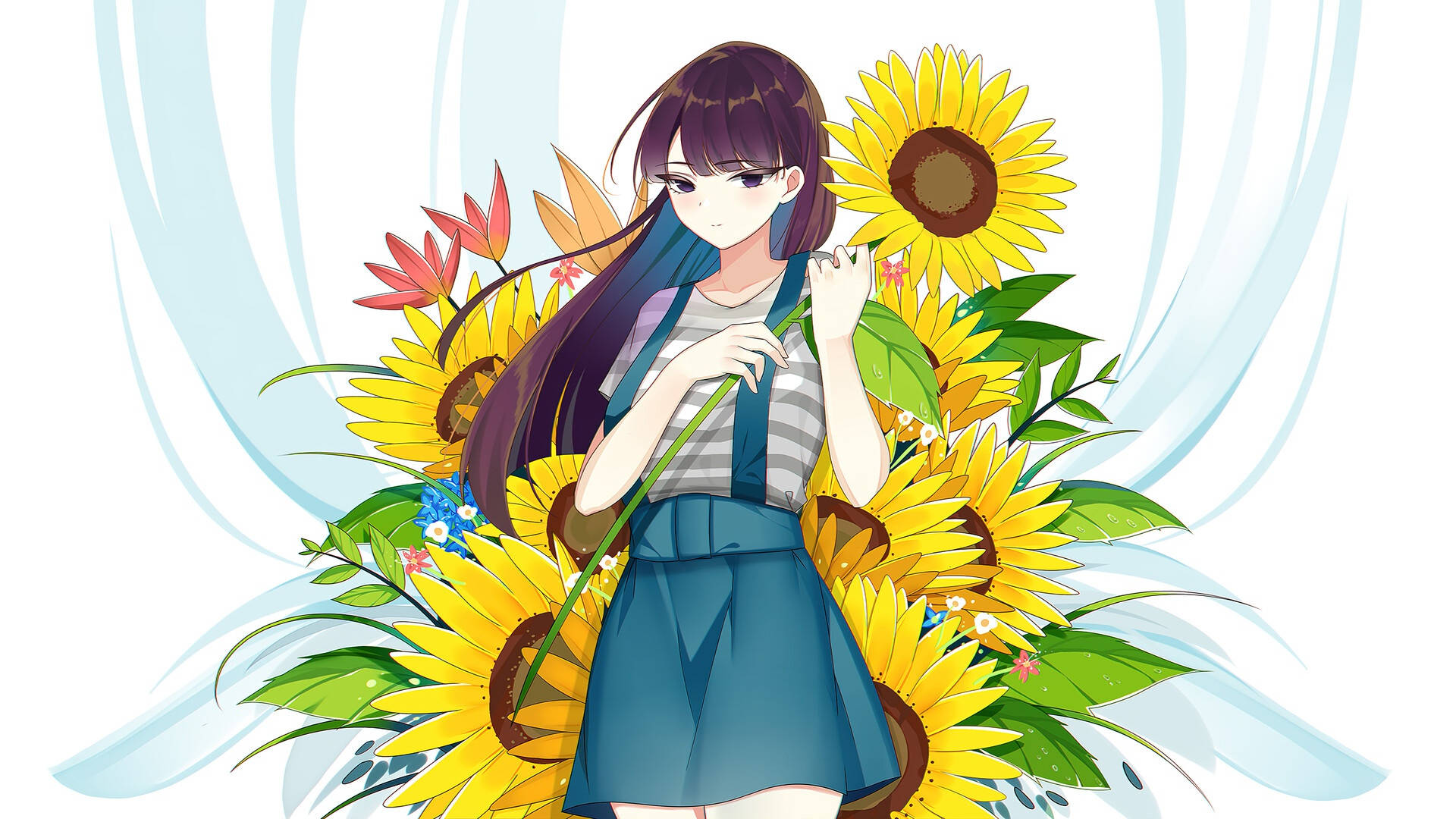 A Girl With Long Hair And Sunflowers Wallpaper