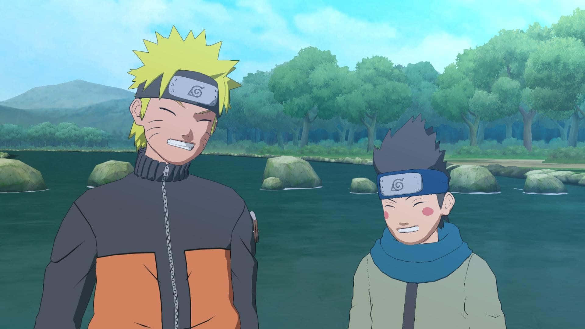 To Naruto-karakterer står ved siden af ​​en flod Wallpaper