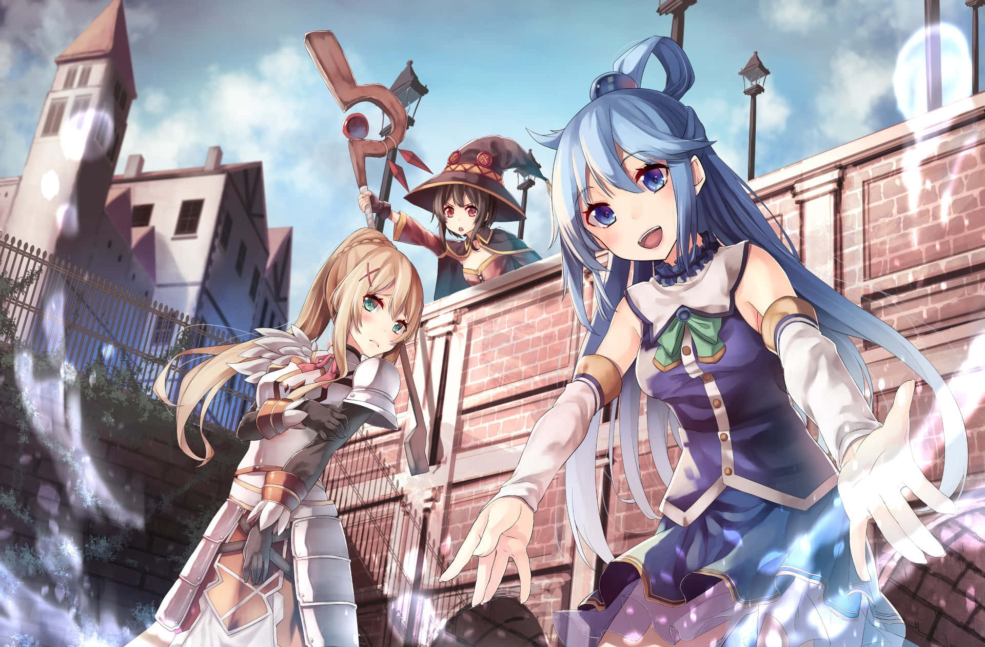 a group of anime girls standing in front of a castle