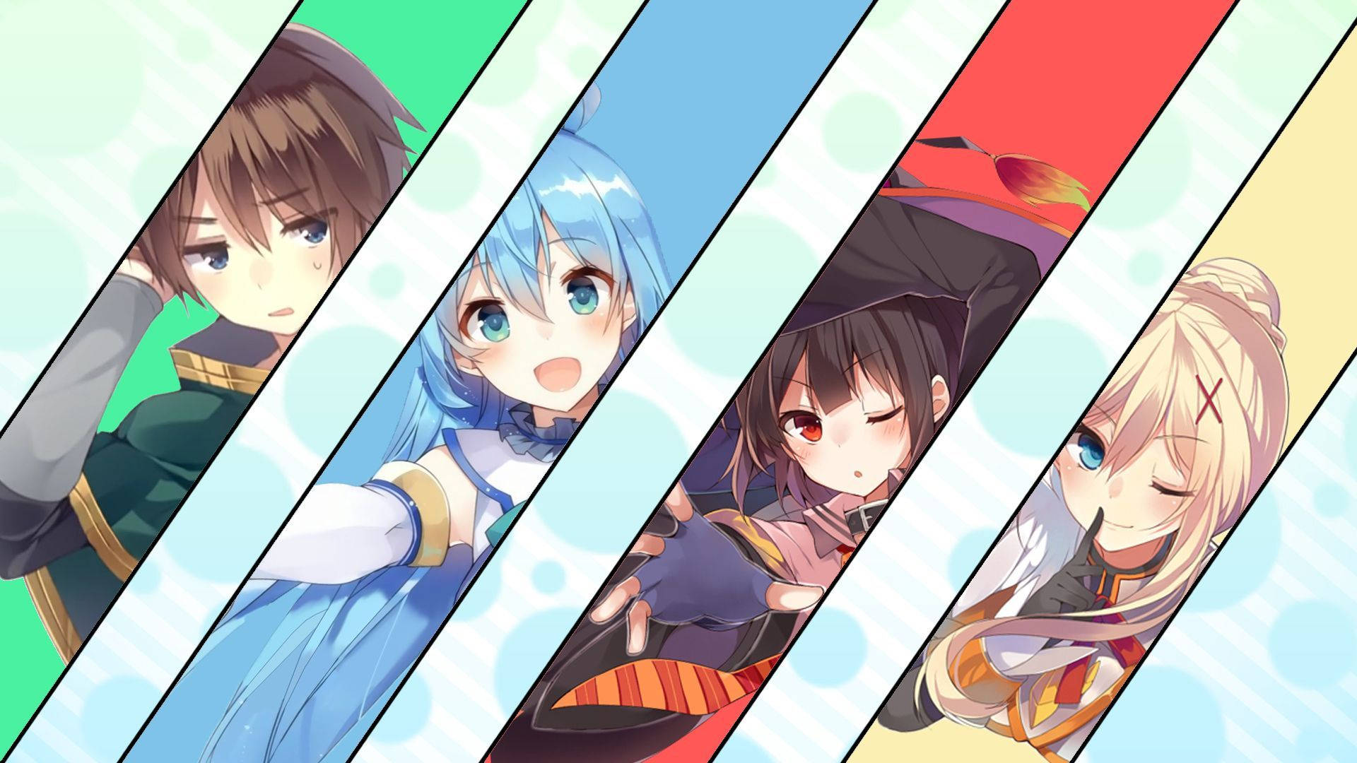 An illustration of the eccentric characters from the anime Konosuba Wallpaper