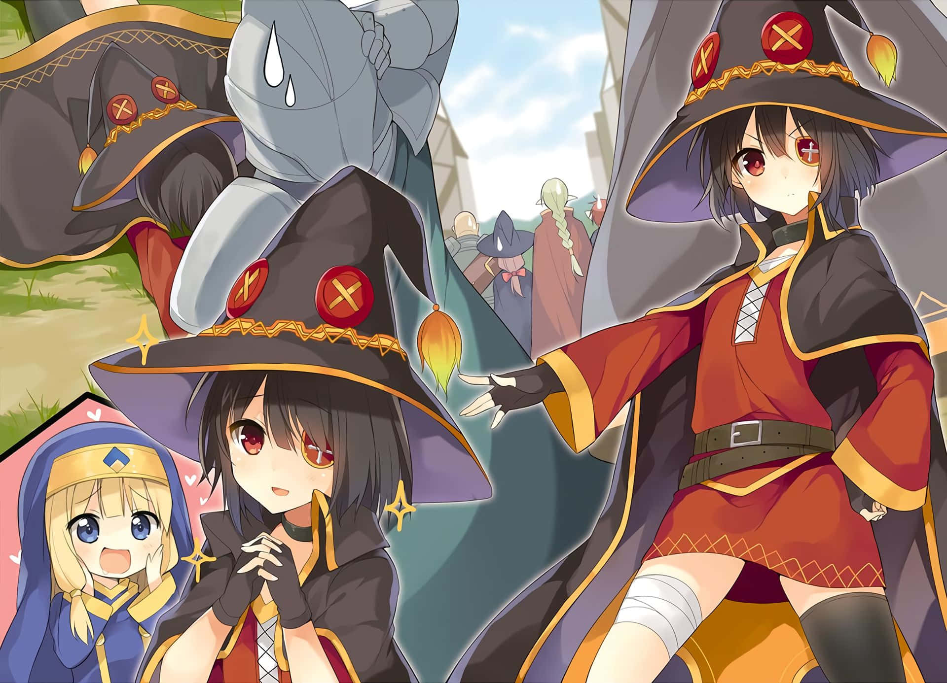 Join Megumin, Aqua, Darkness and Kazuma in the fantasy world of Konosuba Wallpaper