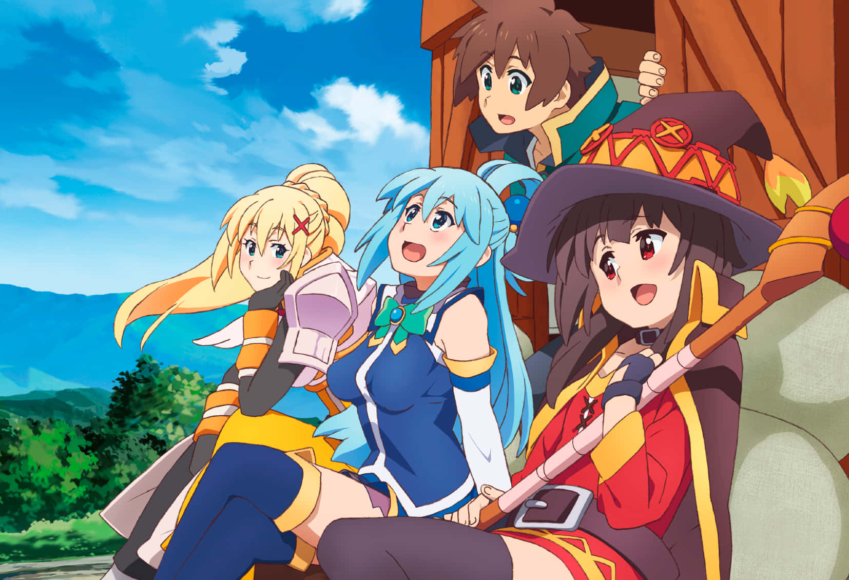A Group Of Anime Characters Sitting On A Wooden Bench