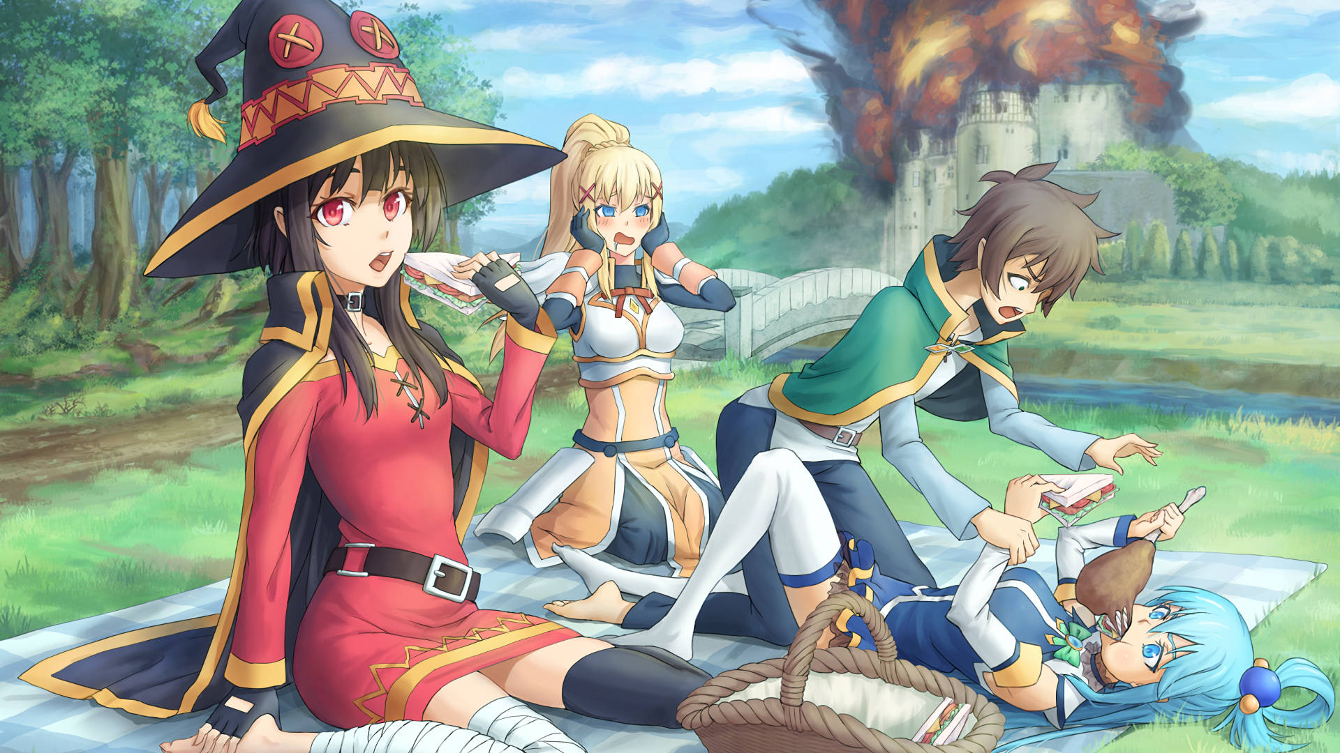 KonoSuba Team: Megumin, Kazuma and Aqua Ready for Adventure Wallpaper