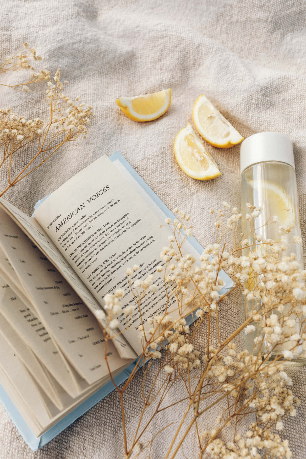 A Book With Lemon Slices And A Water Bottle Wallpaper