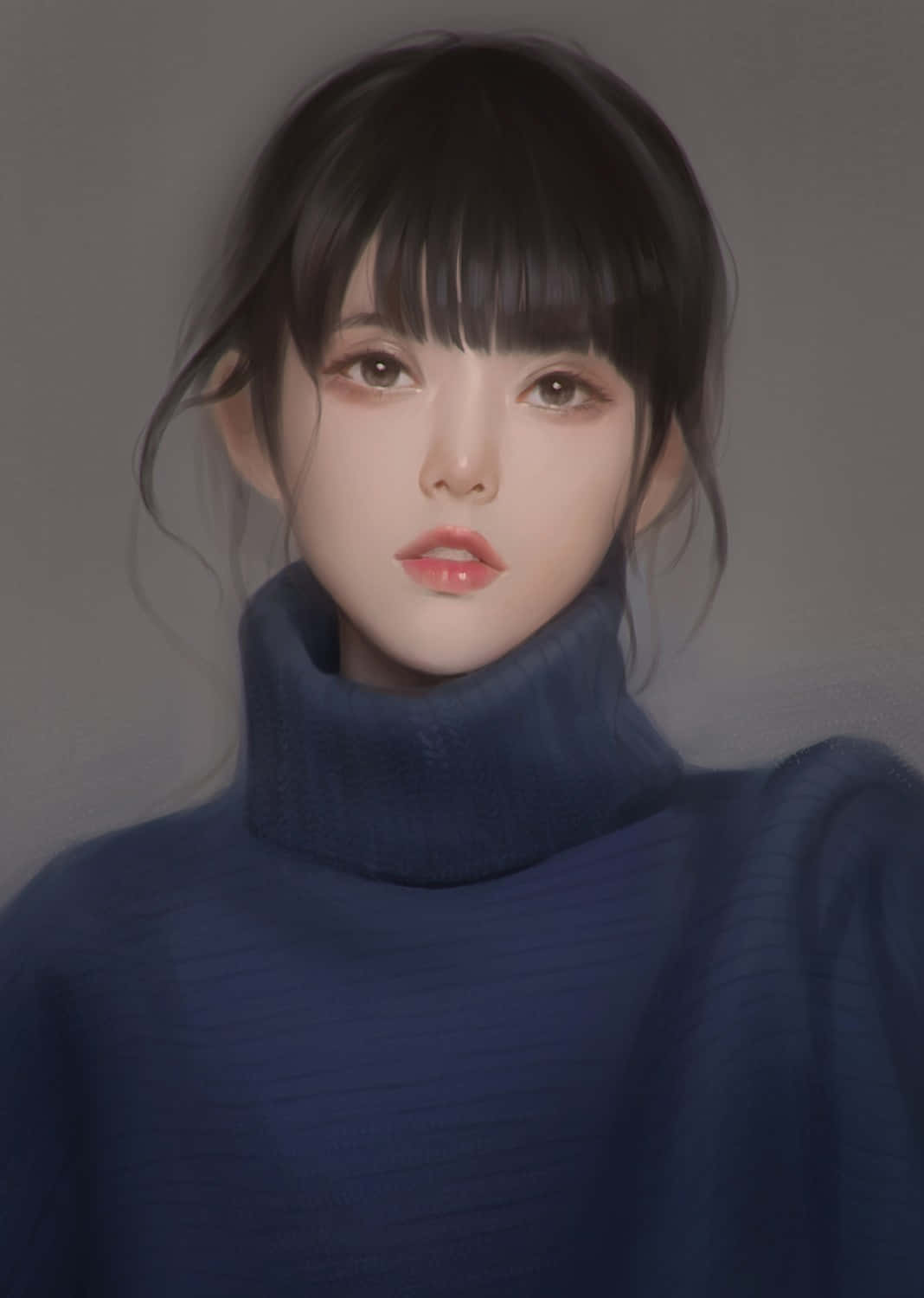 Korean Anime Girl In Blue Winter Shirt Wallpaper