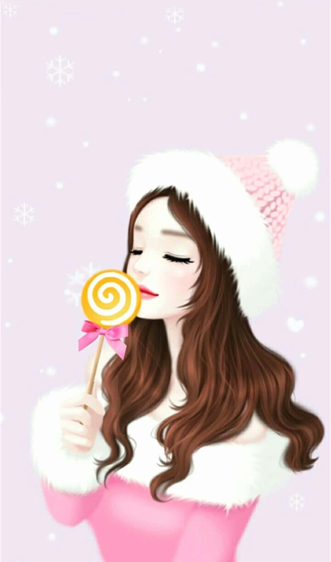 Chicade Anime Coreano Con Atuendo De Invierno En Rosa Y Blanco. Fondo de pantalla