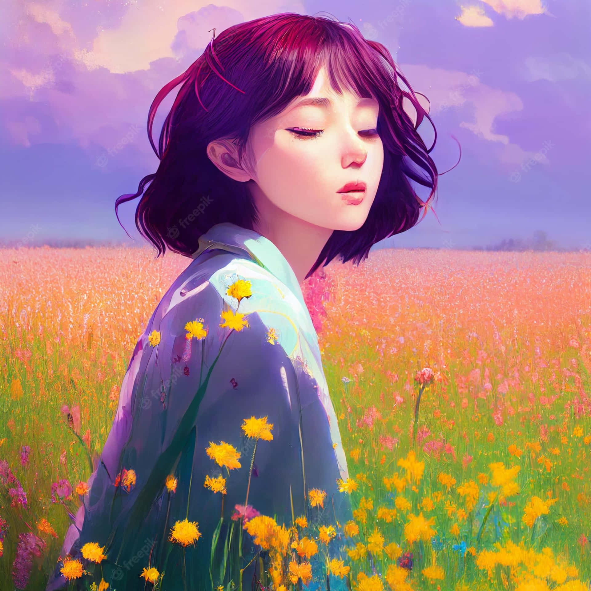 Korean Anime Girl On A Field Of Flowers Wallpaper