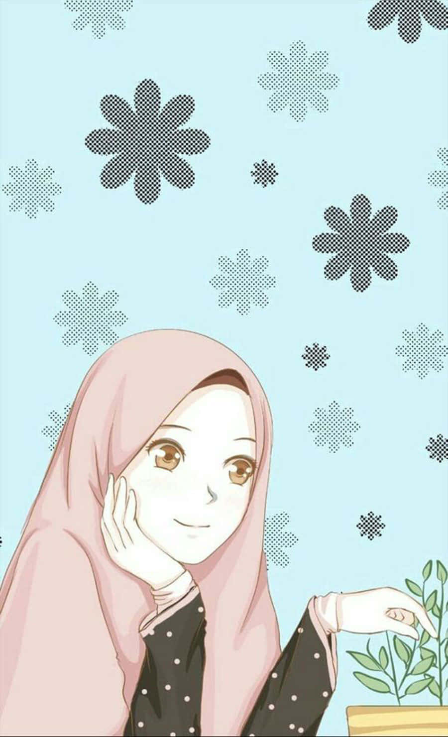 Koreansk Anime Pige Iført Pink Hijab Tapet Wallpaper