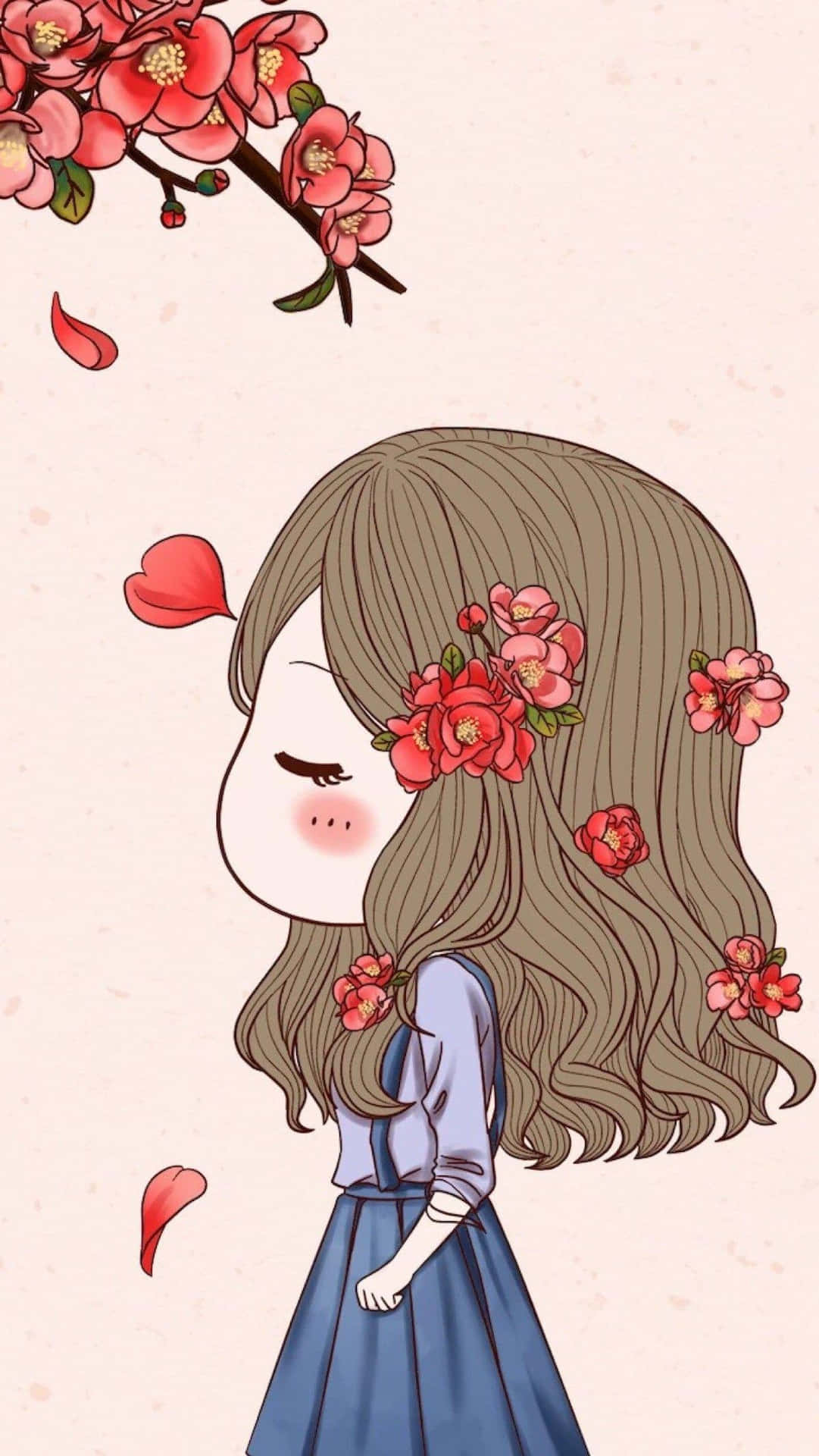 Koreanskanime-tjej Med Fallande Röda Blommor. Wallpaper
