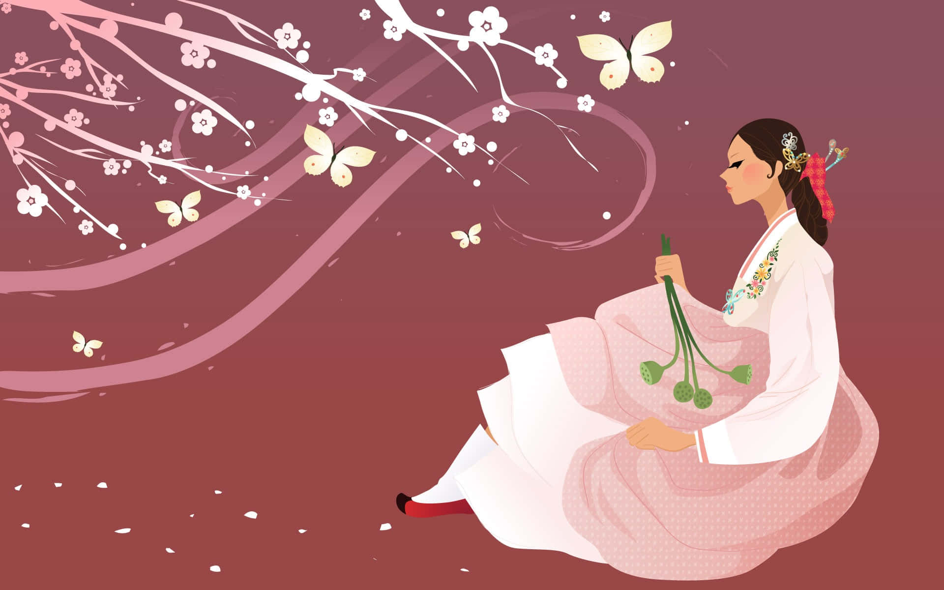 Korean Girl Sitting Under A Tree With Flowers