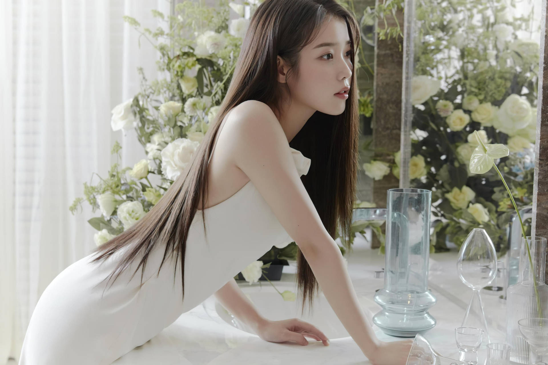 Korean Girl In White With Roses Wallpaper
