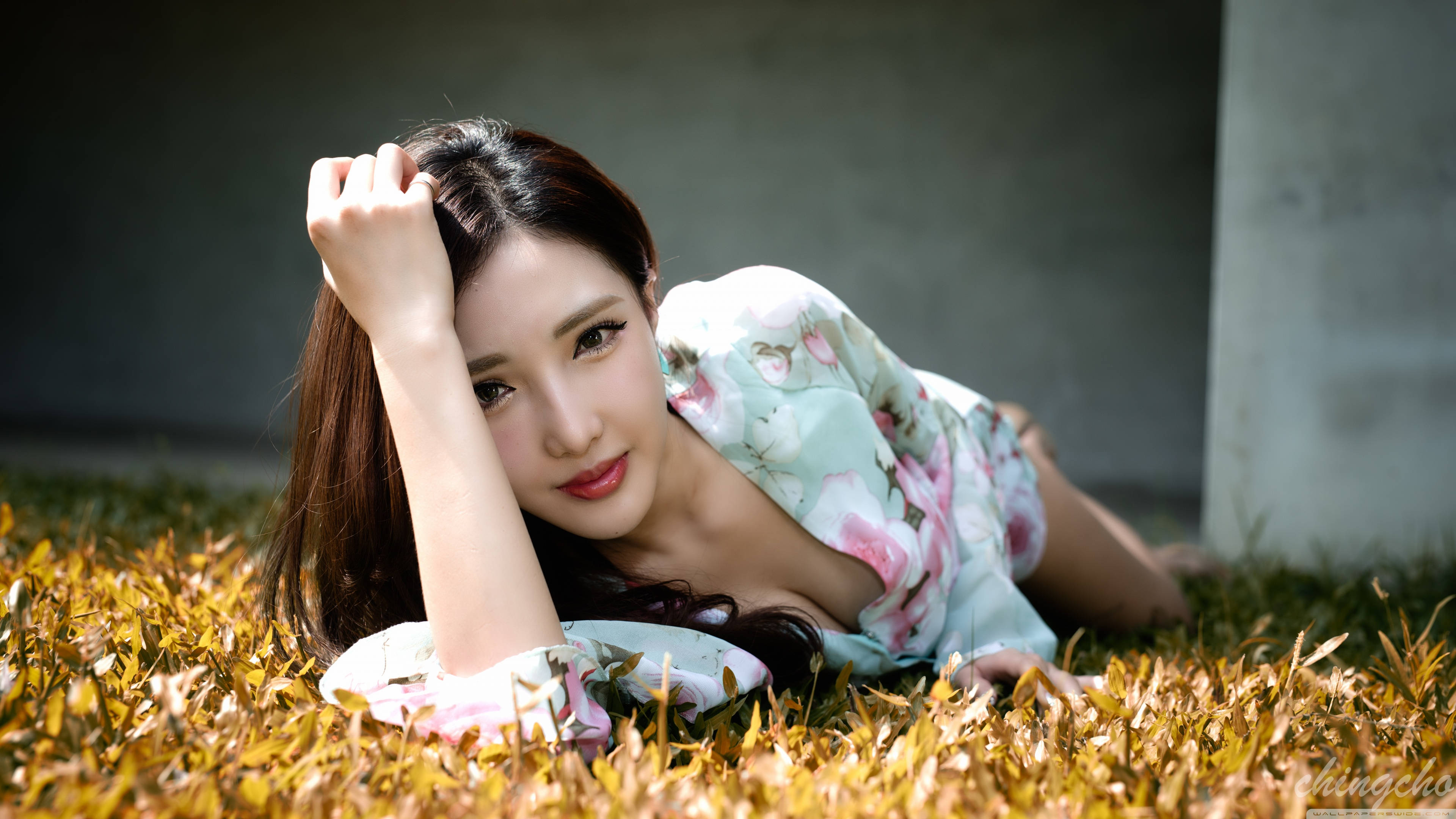 Korean Girl Posing On The Grass Wallpaper