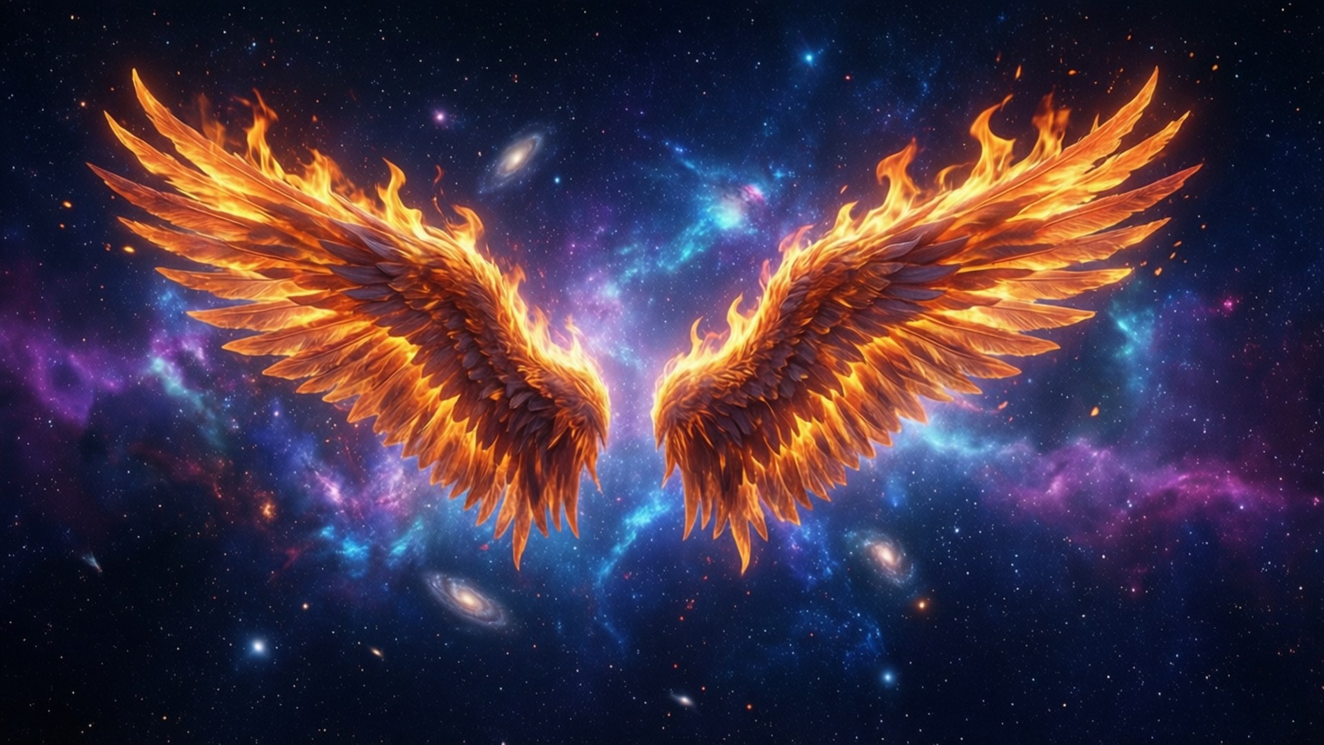 Cosmic Fire Wings Wallpaper — Fiery angel wings spread wide against a vibrant cosmic backdrop of swirling galaxies and stars.