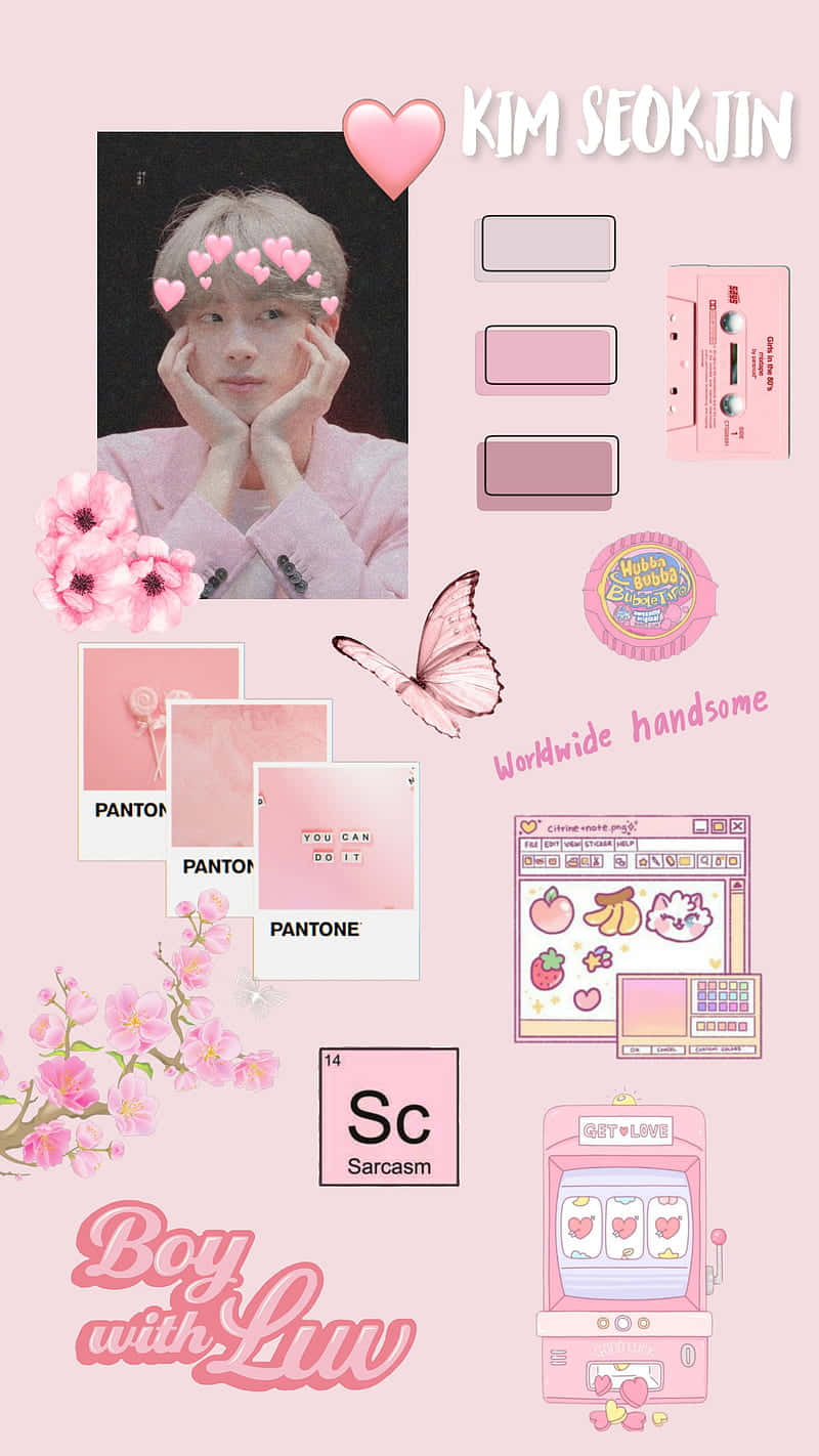 Kpop Aesthetic Collage Kim Seokjin Pink Theme Wallpaper