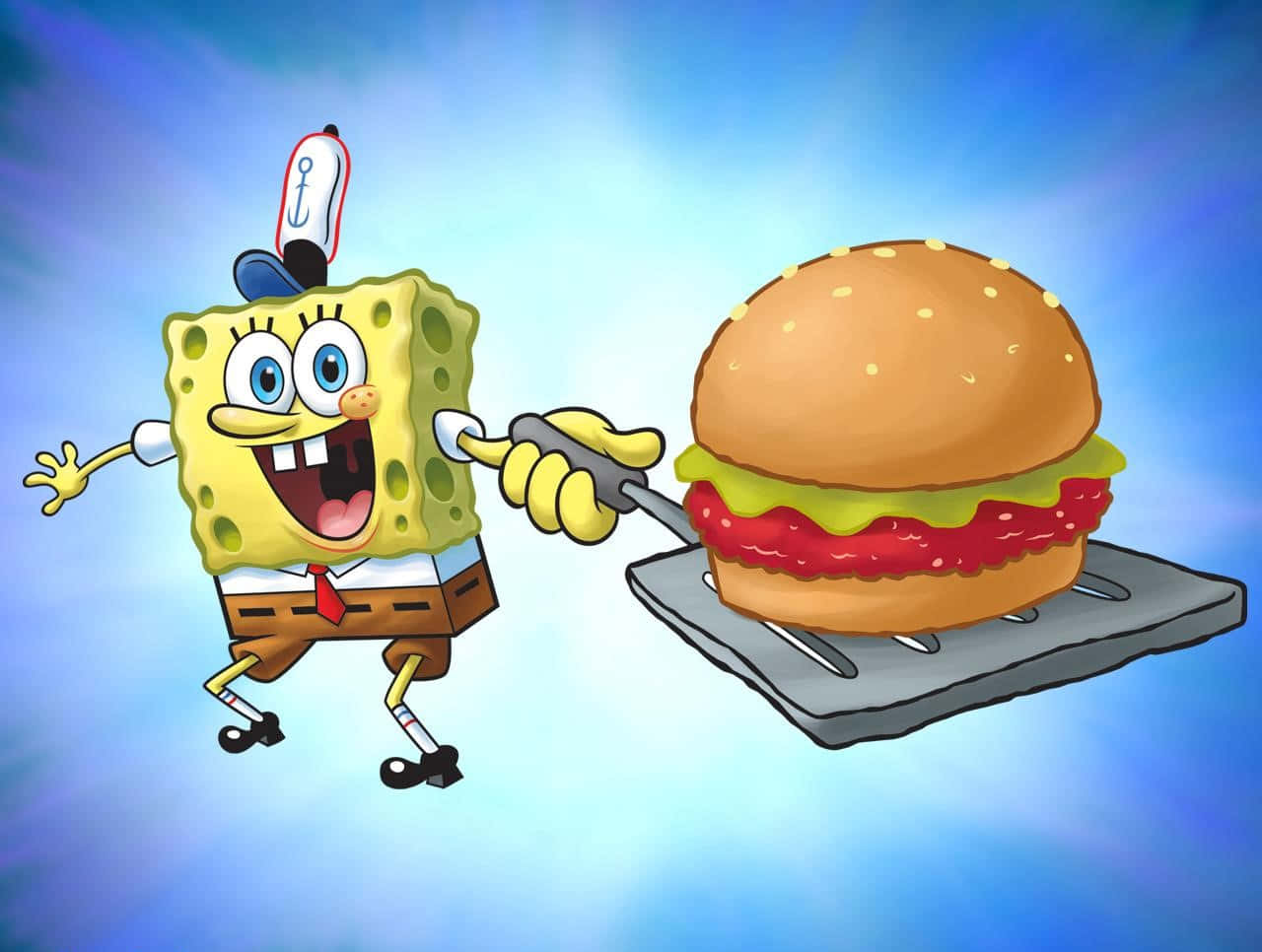 Delicious and succulent Krabby Patty freshly prepared on the grill Wallpaper