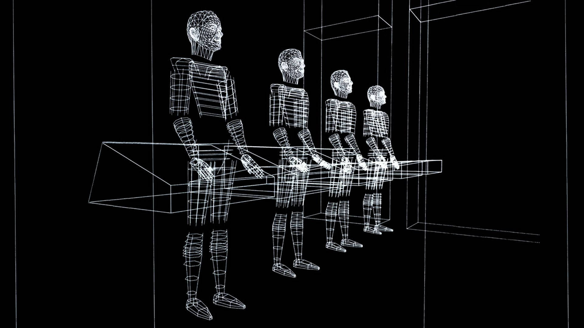 Pioneering Techno Musicians Kraftwerk Performing with Futuristic Hologram Effects Wallpaper